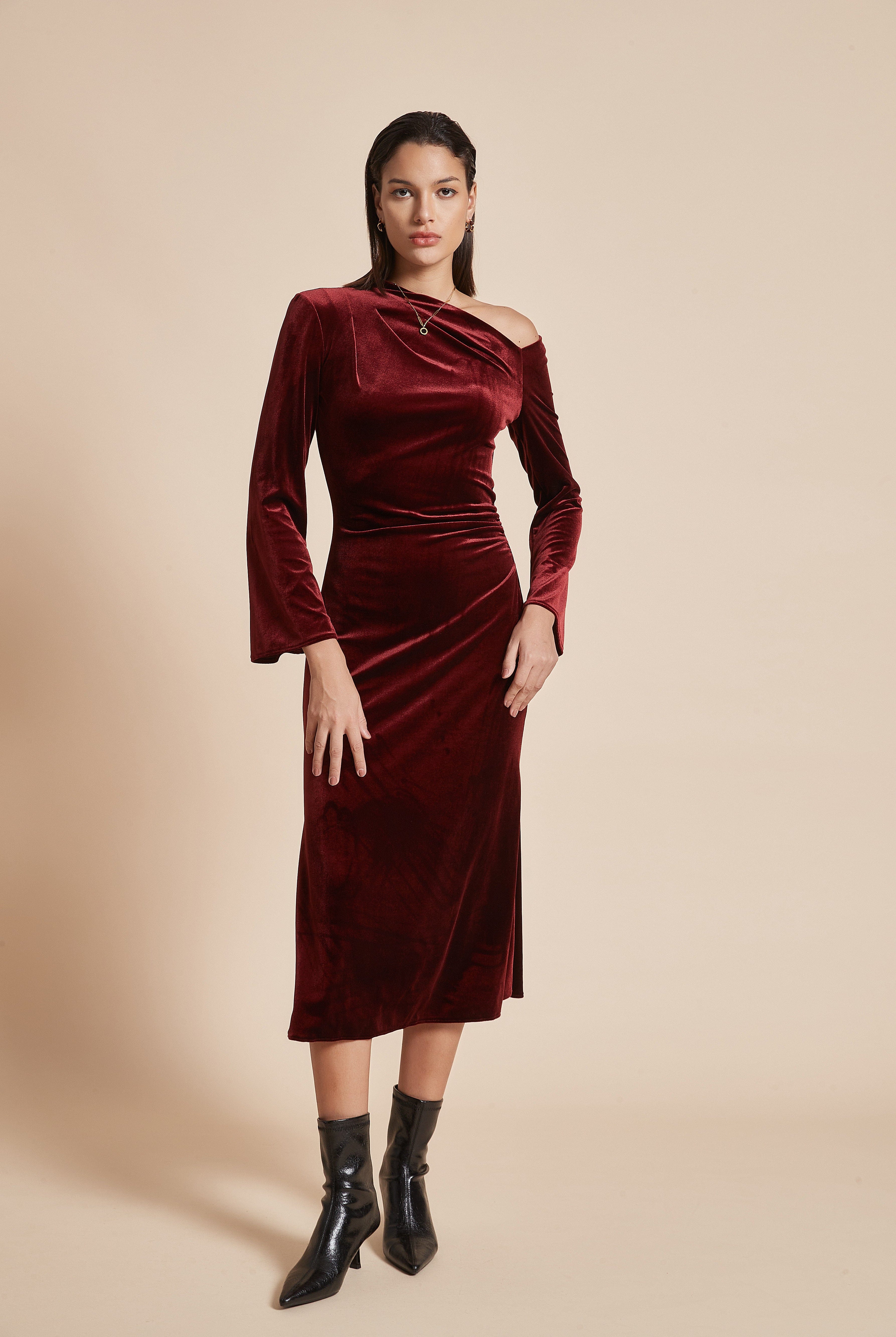 يولا فستان نسائي ميدي بكم طويل أوف شولدر سادة