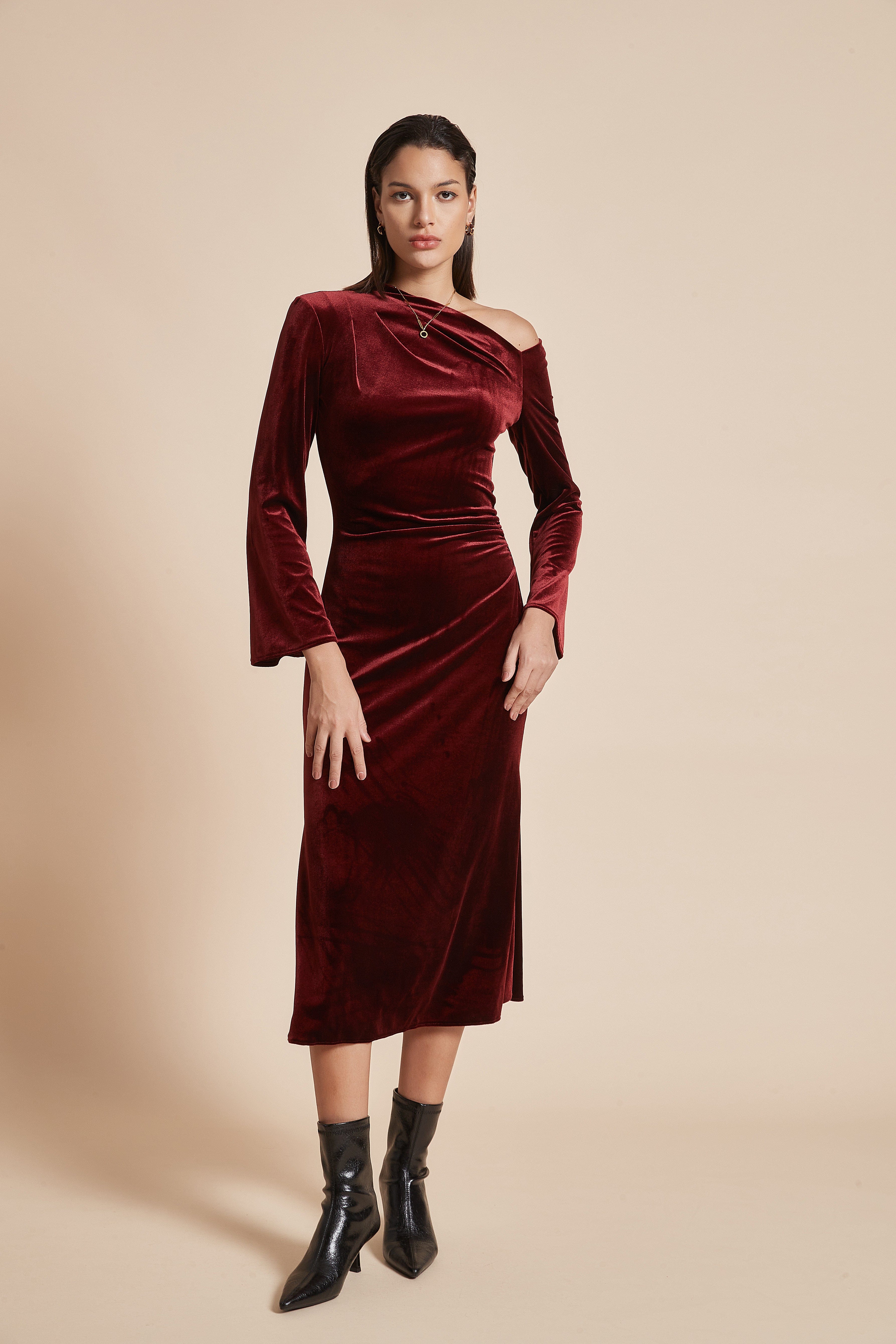 يولا فستان نسائي ميدي بكم طويل أوف شولدر سادة