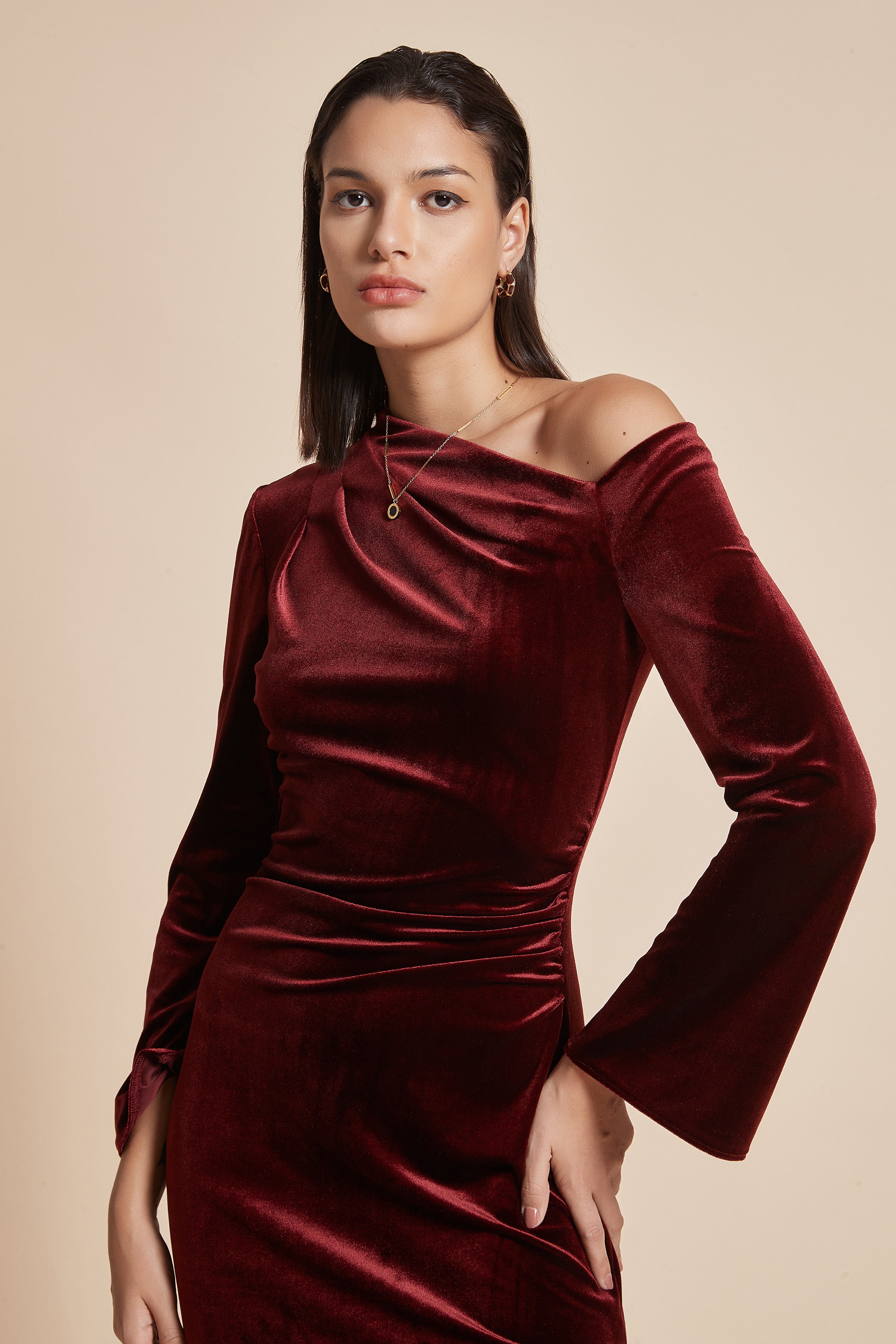 يولا فستان نسائي ميدي بكم طويل أوف شولدر سادة