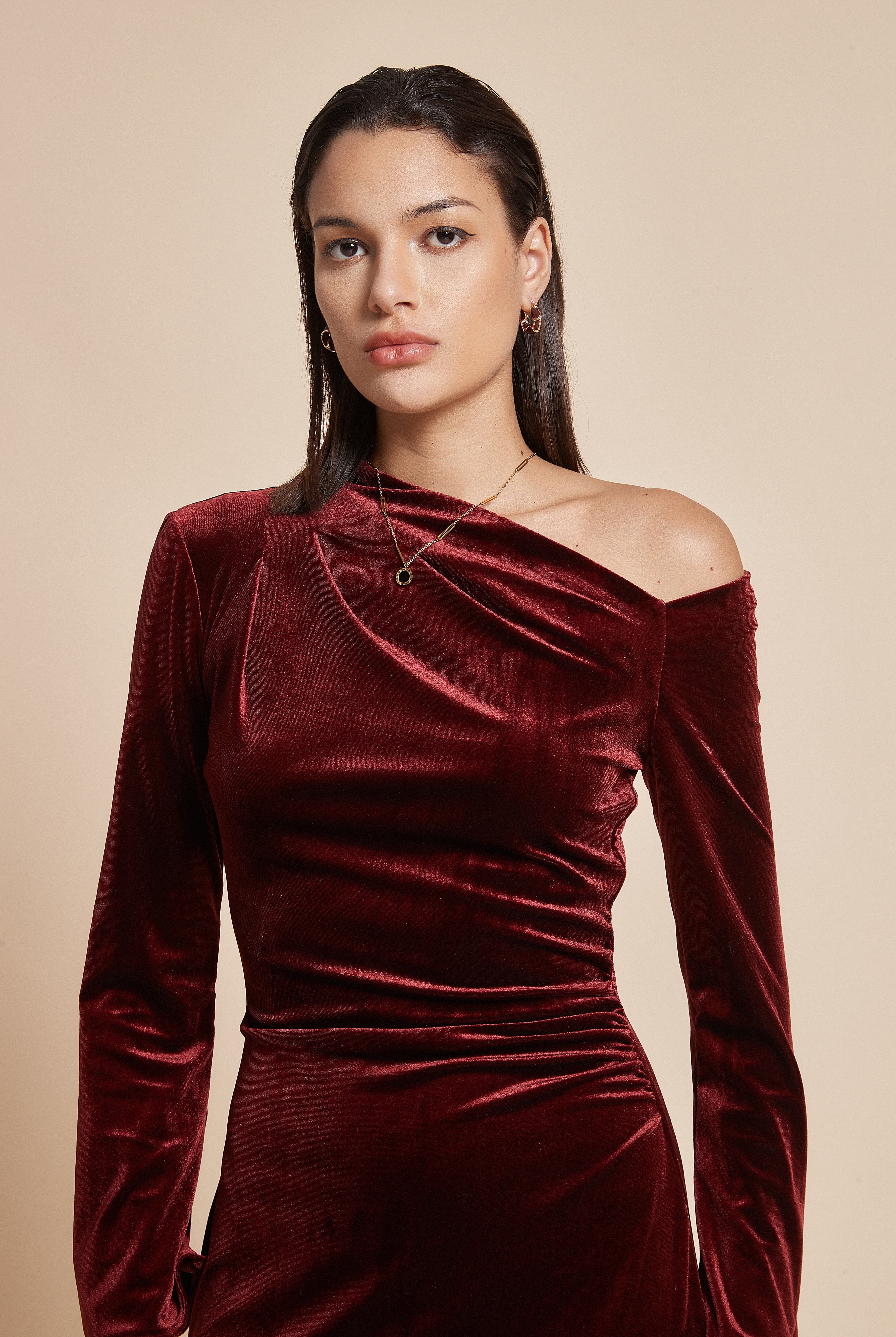 يولا فستان نسائي ميدي بكم طويل أوف شولدر سادة