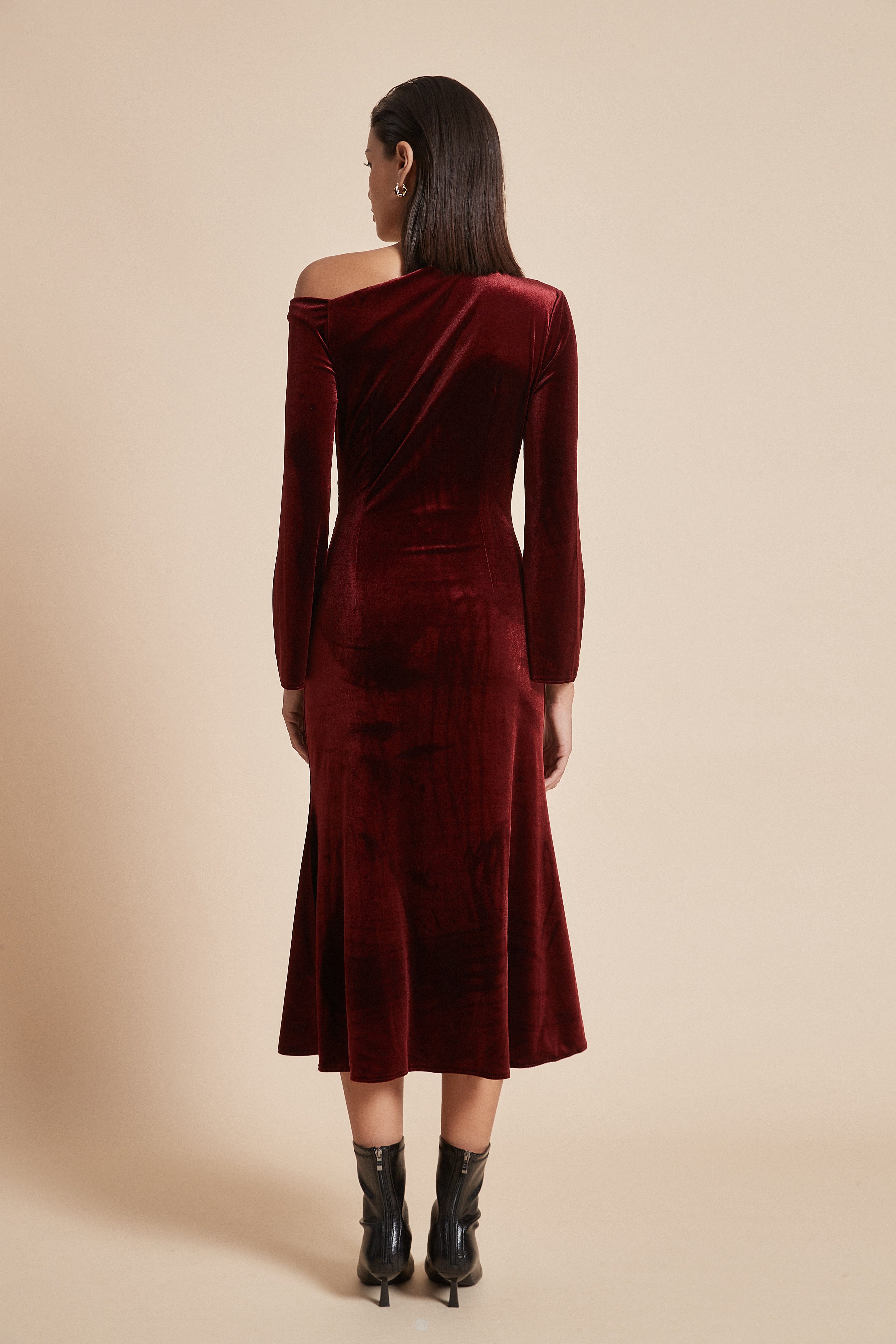 يولا فستان نسائي ميدي بكم طويل أوف شولدر سادة