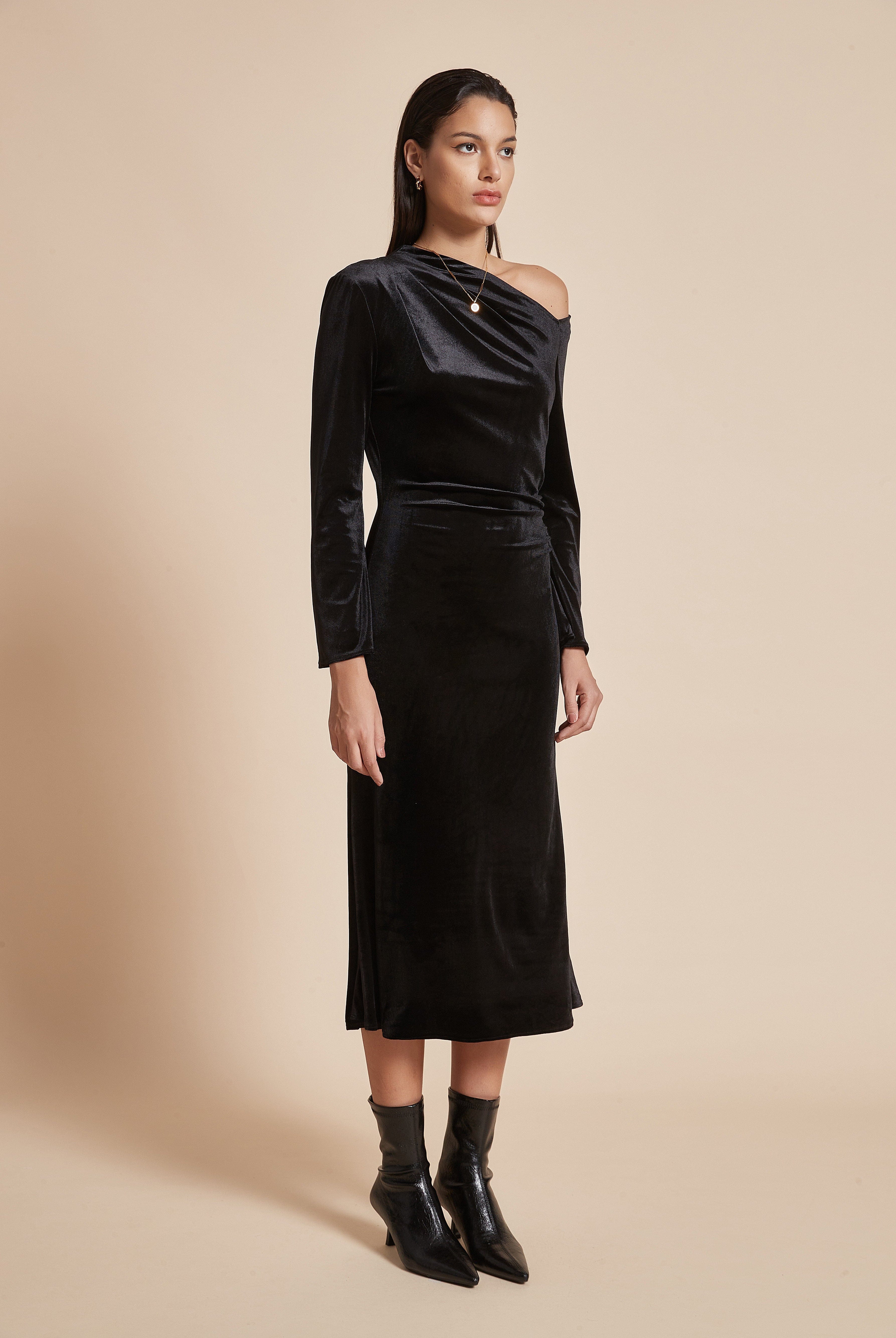 يولا فستان نسائي سادة ميدي اوف شولدر بكم طويل