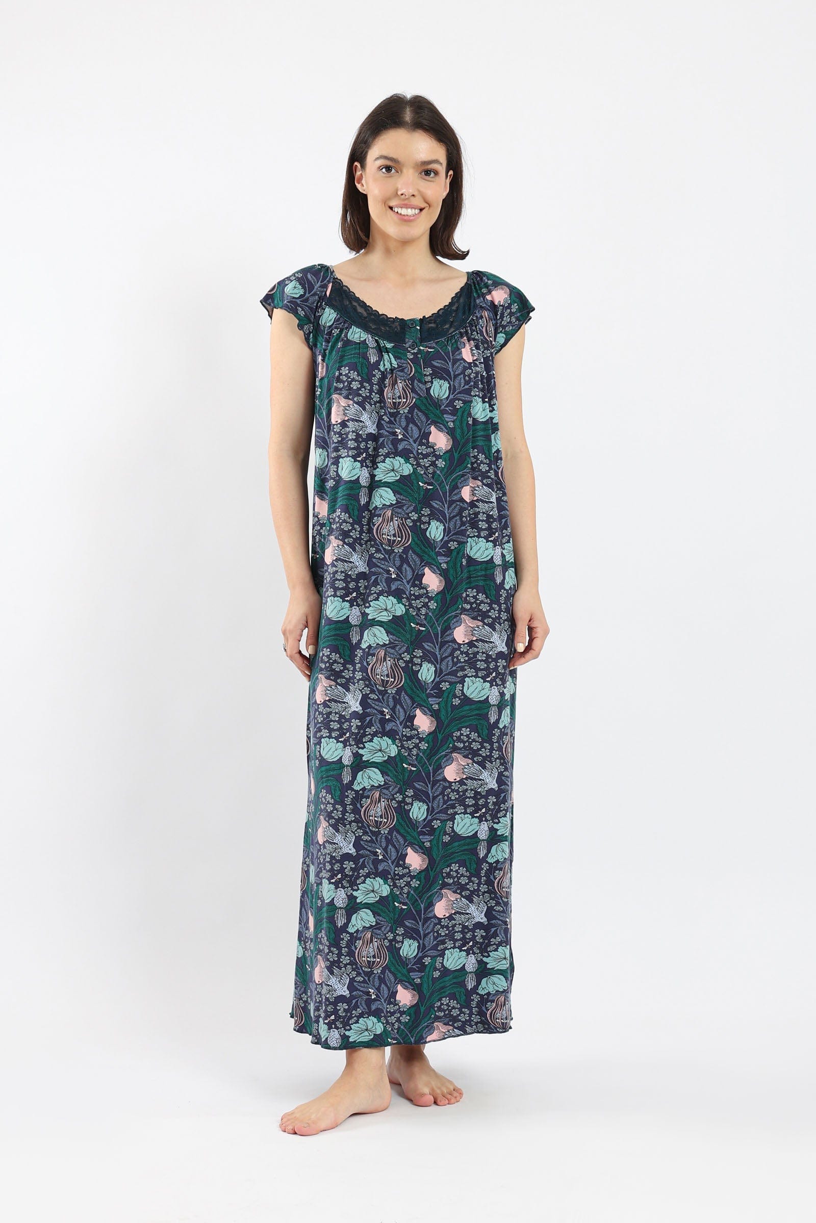 كارينا ثوب نوم مطبوع مزين بدانتيل أزرق غامق