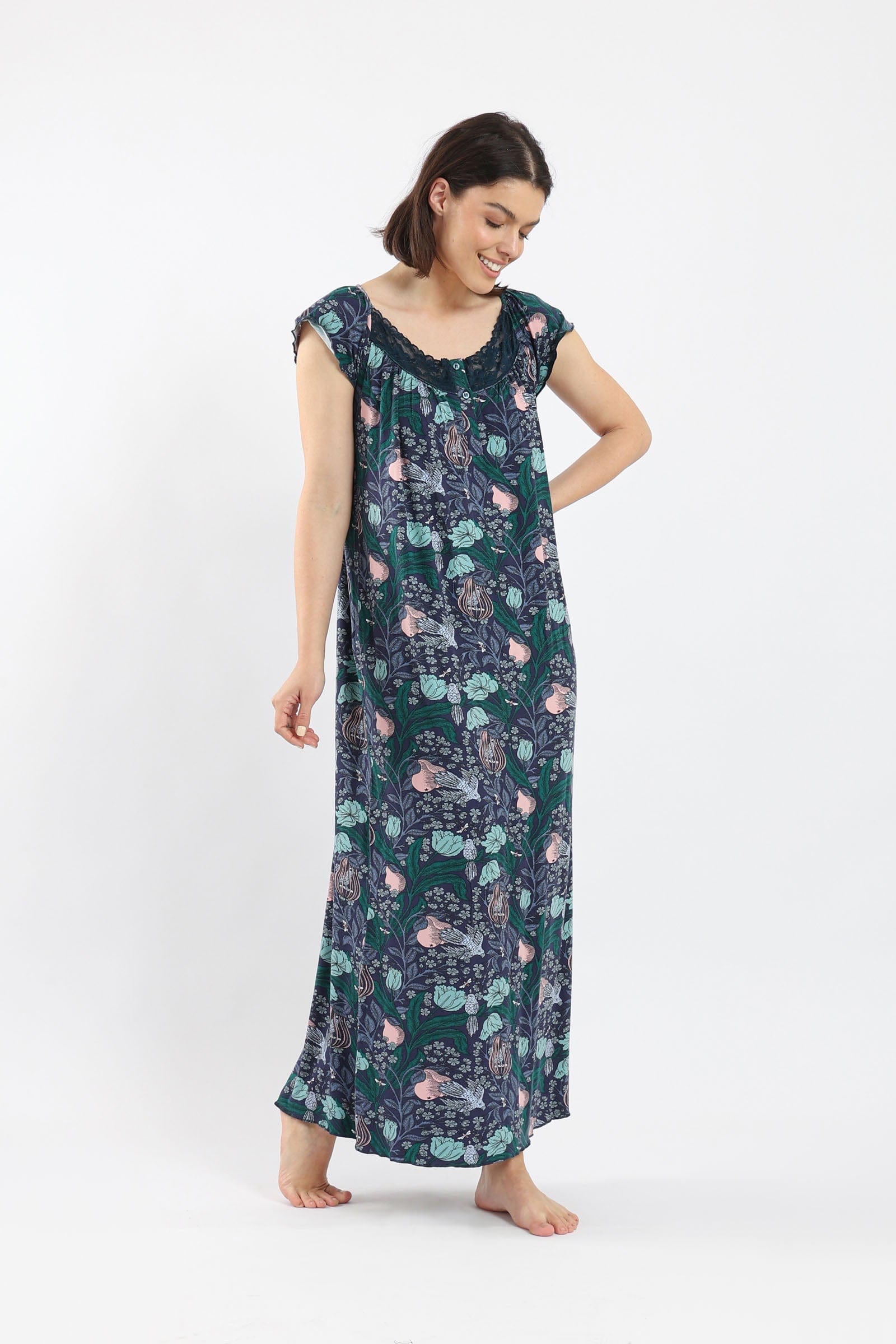 كارينا ثوب نوم مطبوع مزين بدانتيل أزرق غامق