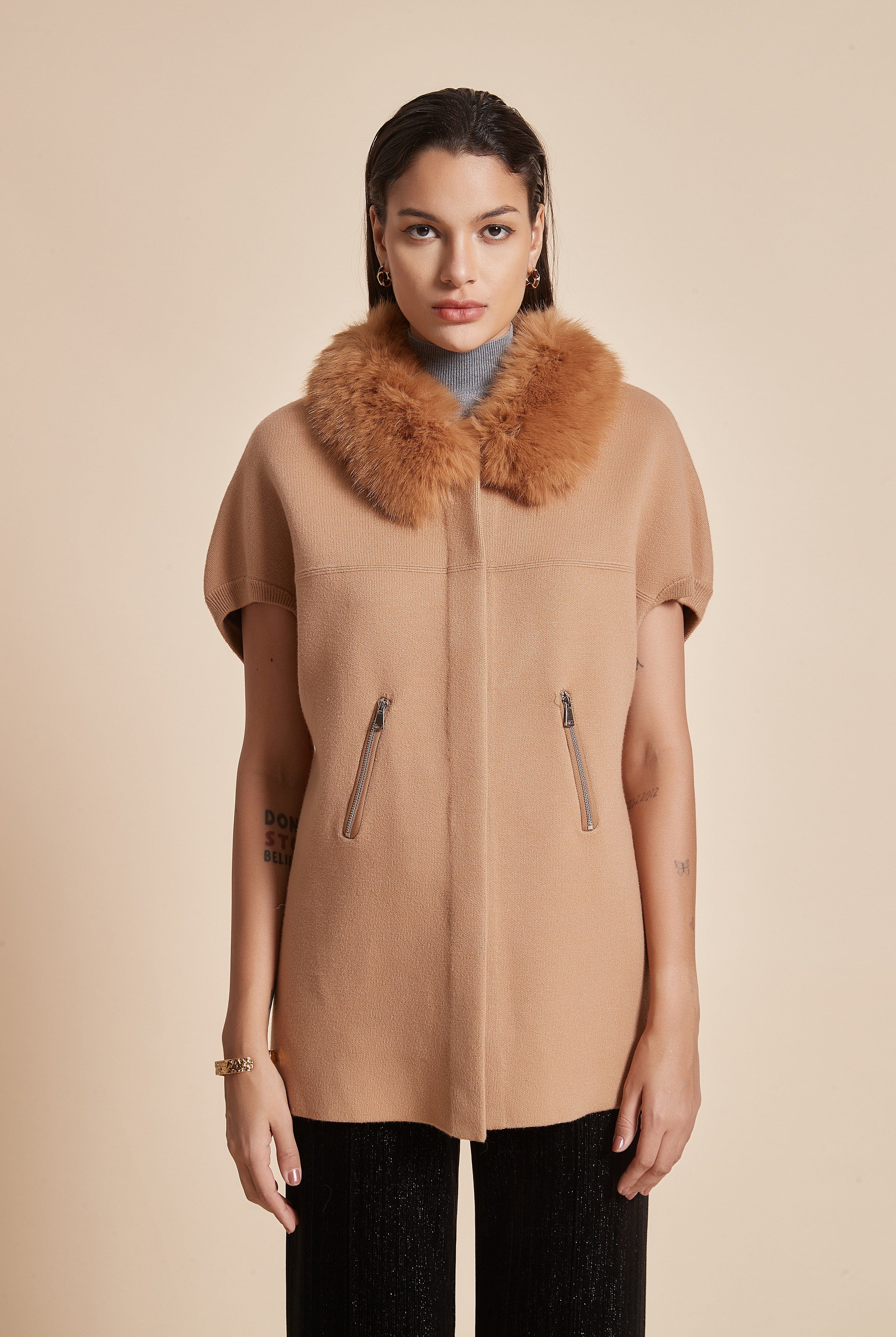 يولا جاكيت نسائي نص كم سادة بطول الخصر مع رقبة فرو