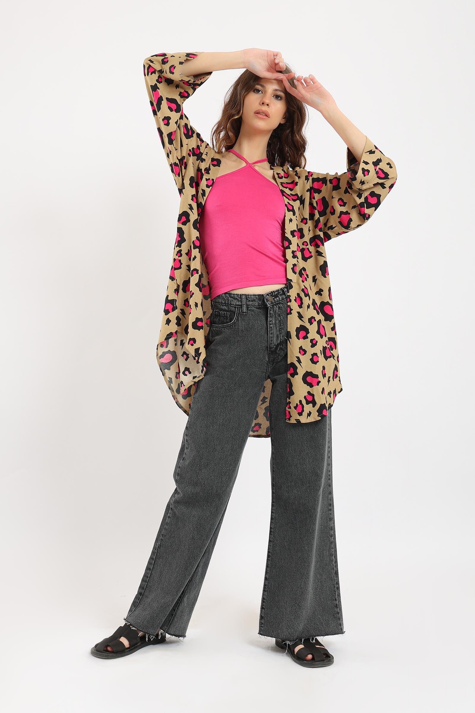 كارينا كيمونو بطبعة جلد الفهد كم طويل واسع