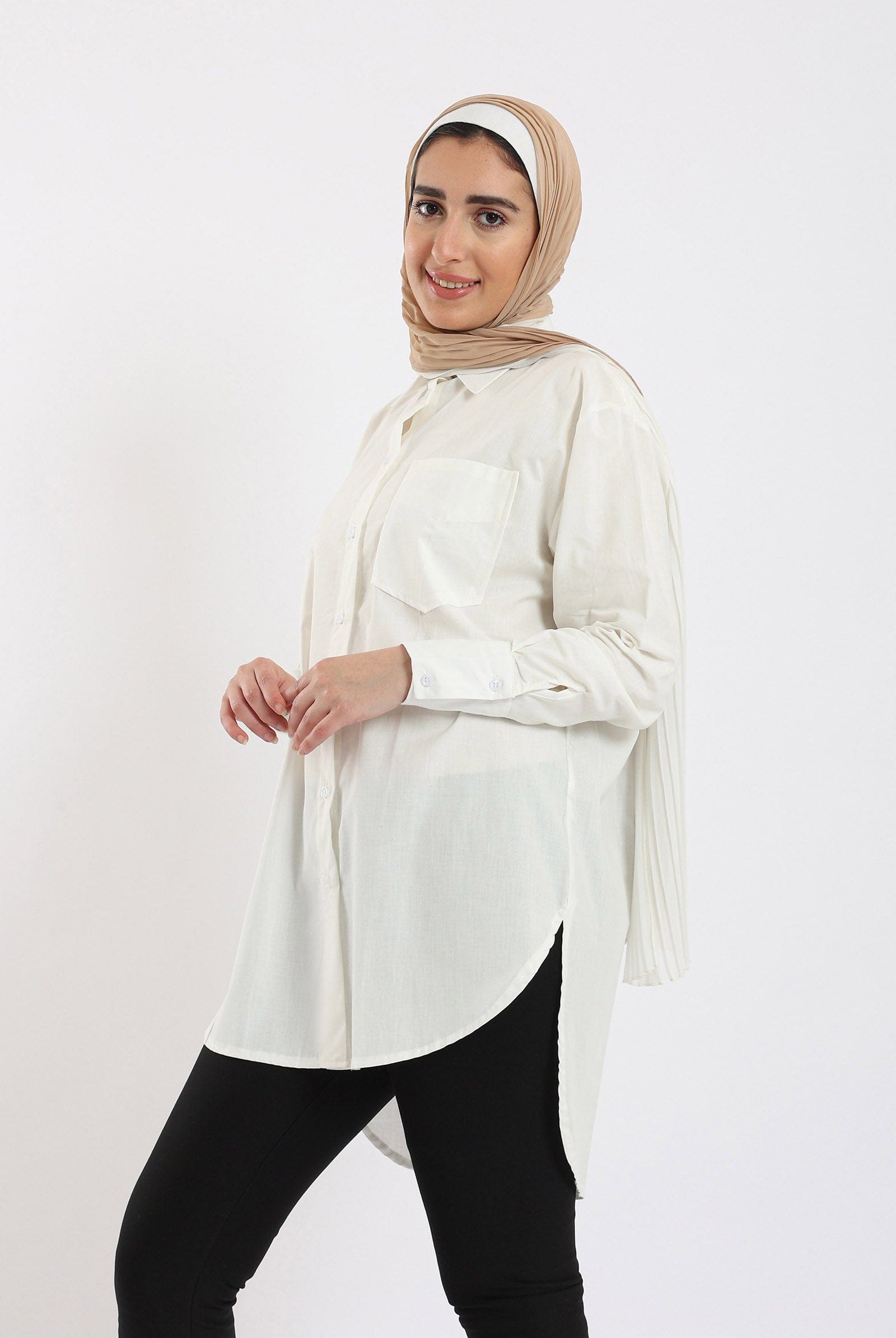 كارينا قميص سادة بأزرار أمامية واسع كم طويل نسائي