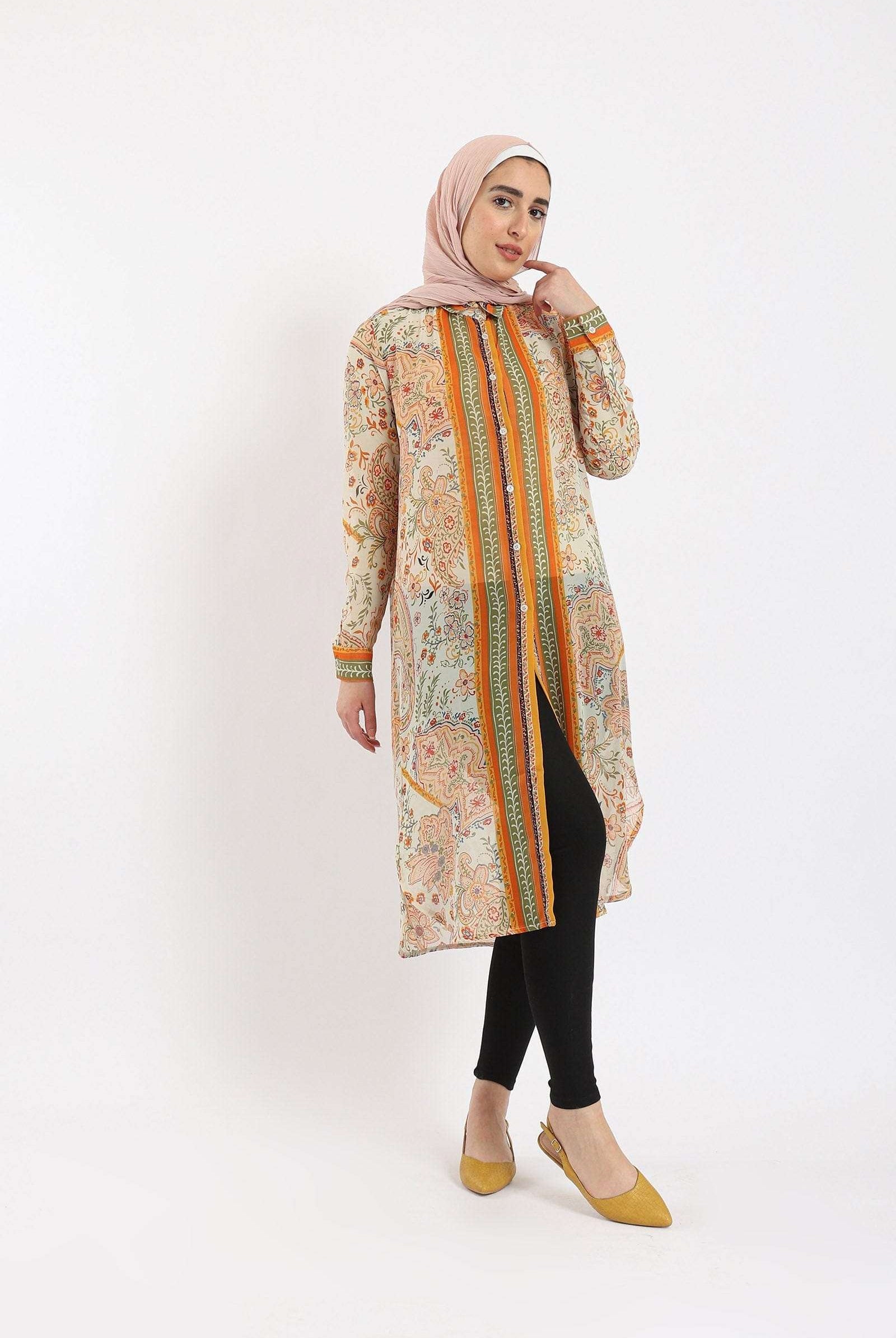 كارينا فستان منقوش كم طويل مطرز من الأمام نسائي ملون