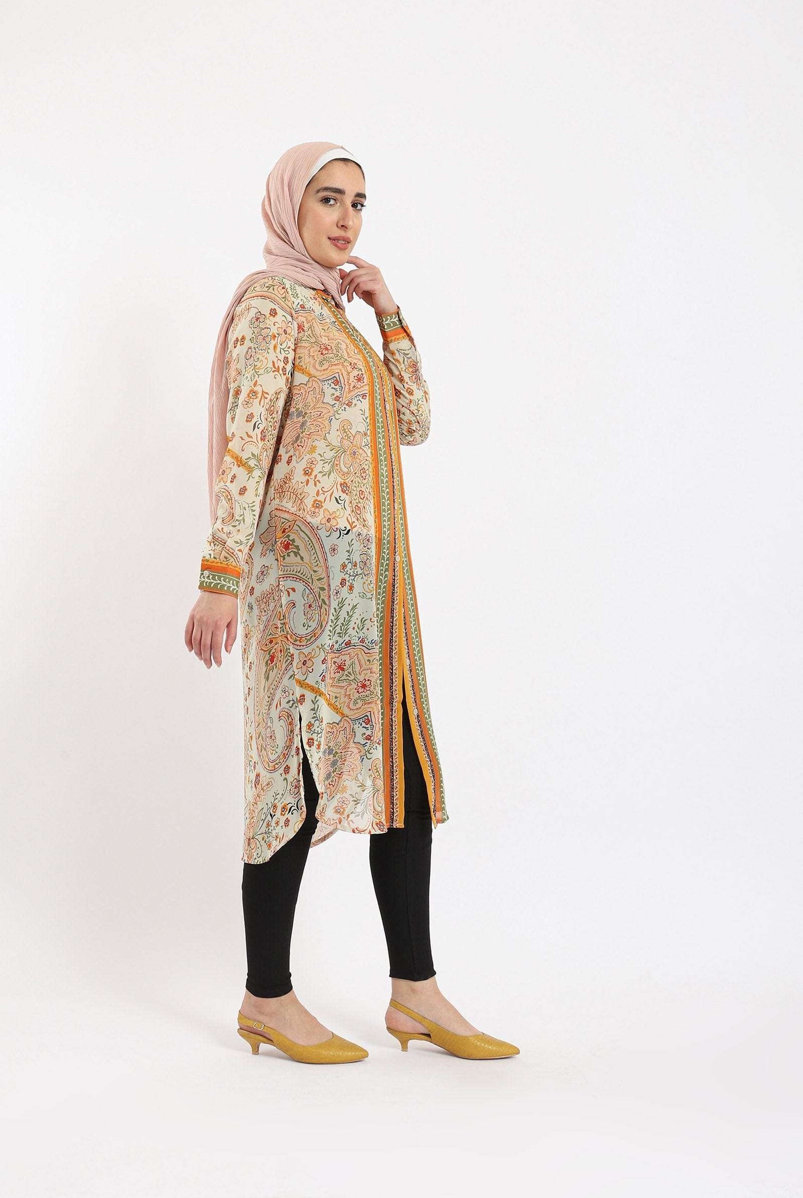 كارينا فستان منقوش كم طويل مطرز من الأمام نسائي ملون