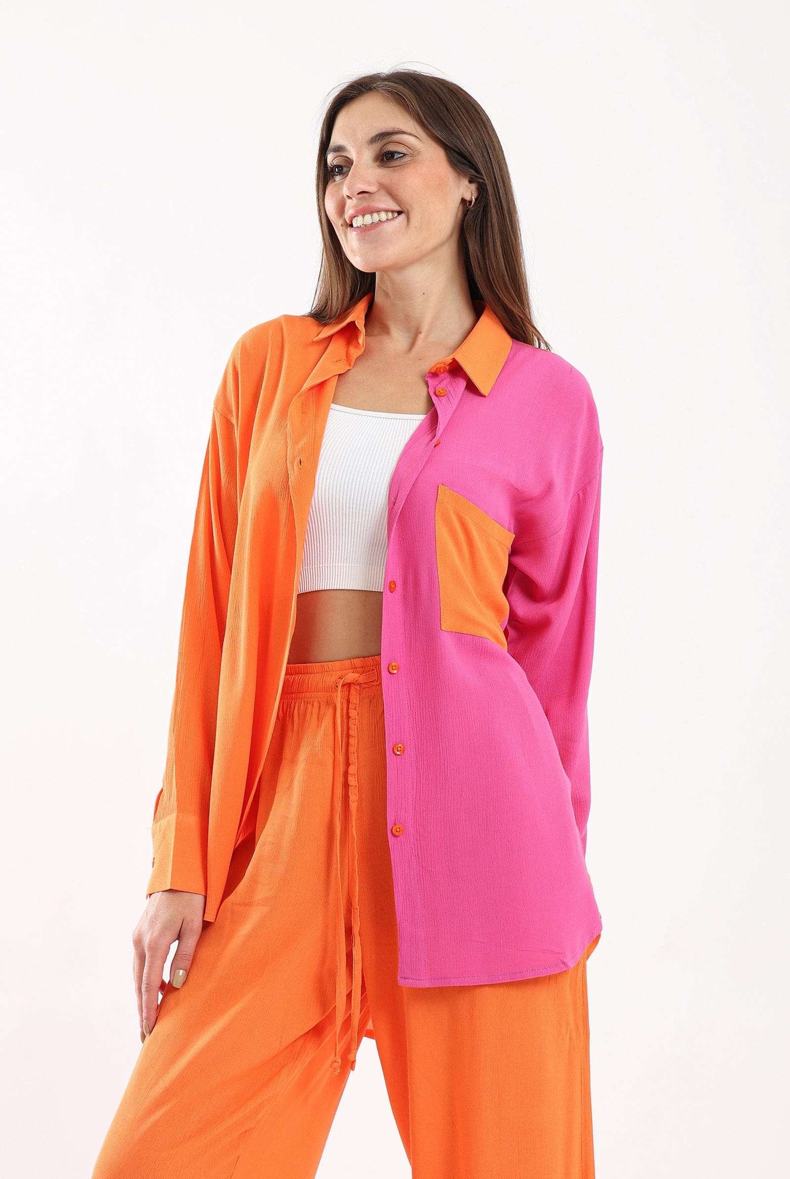 كارينا قميص نسائي ملون نص ونص طويل برتقالي