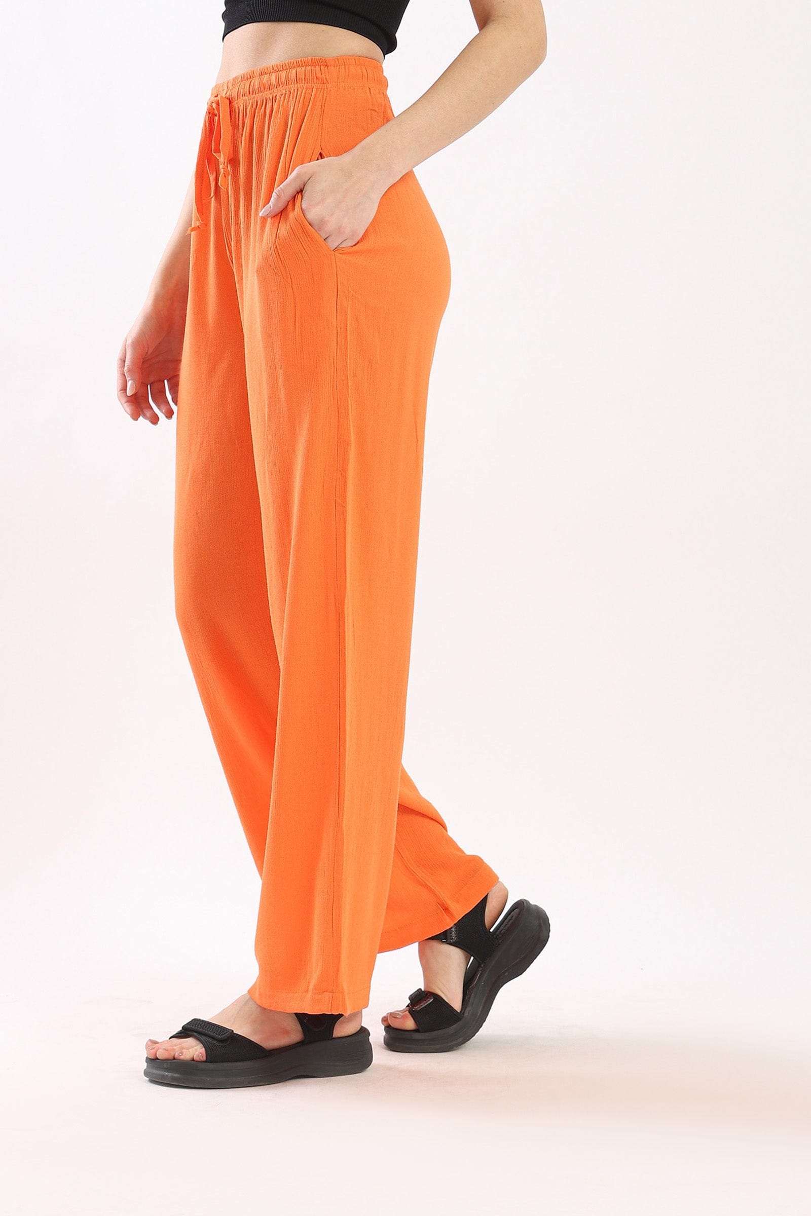 كارينا بنطلون سادة واسع برباط على الخصر قطن برتقالي