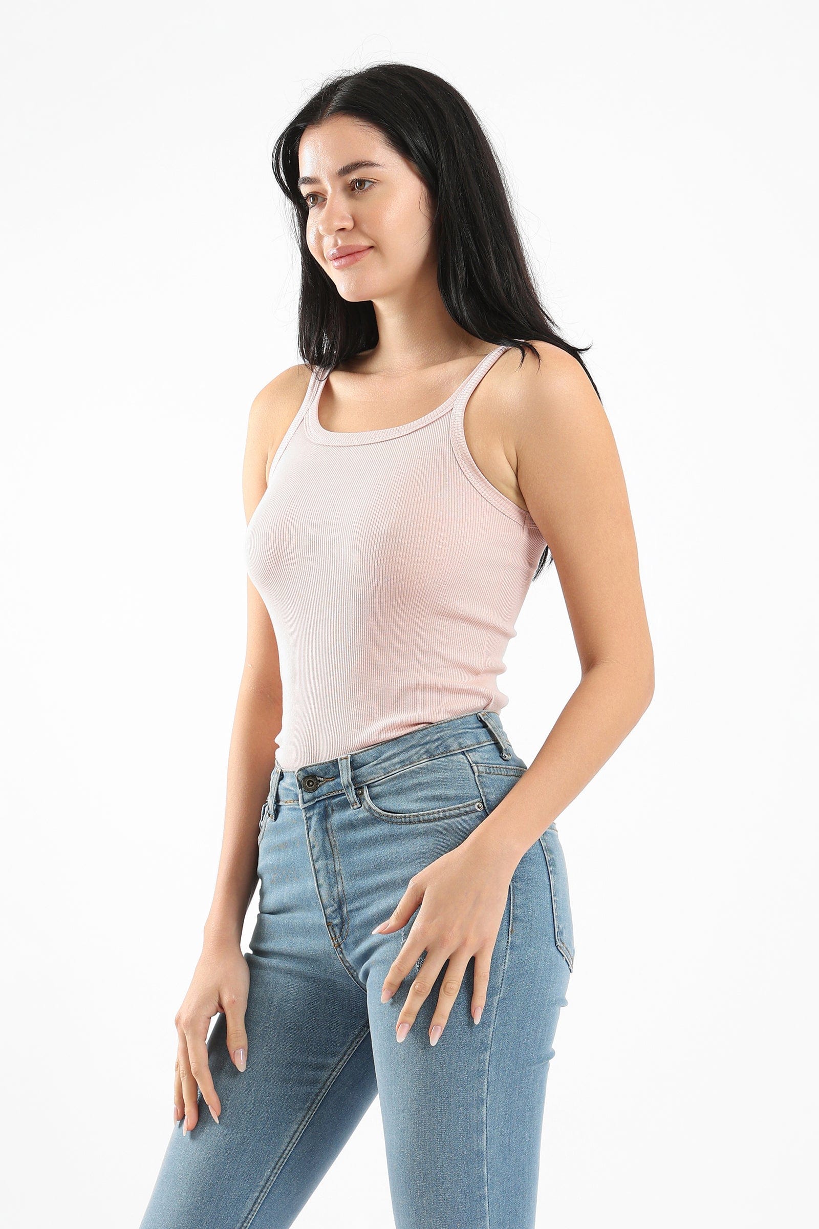 كارينا بلوزة مضلعة كت بياقة مستديرة بحمالات