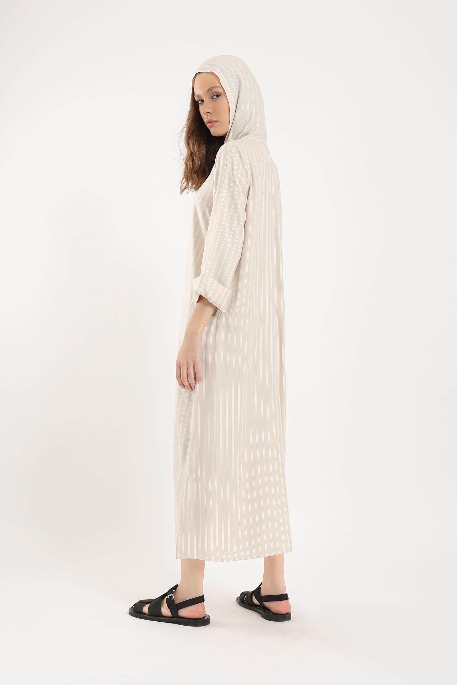 كارينا فستان عباية مخطط بغطاء للرأس كم طويل