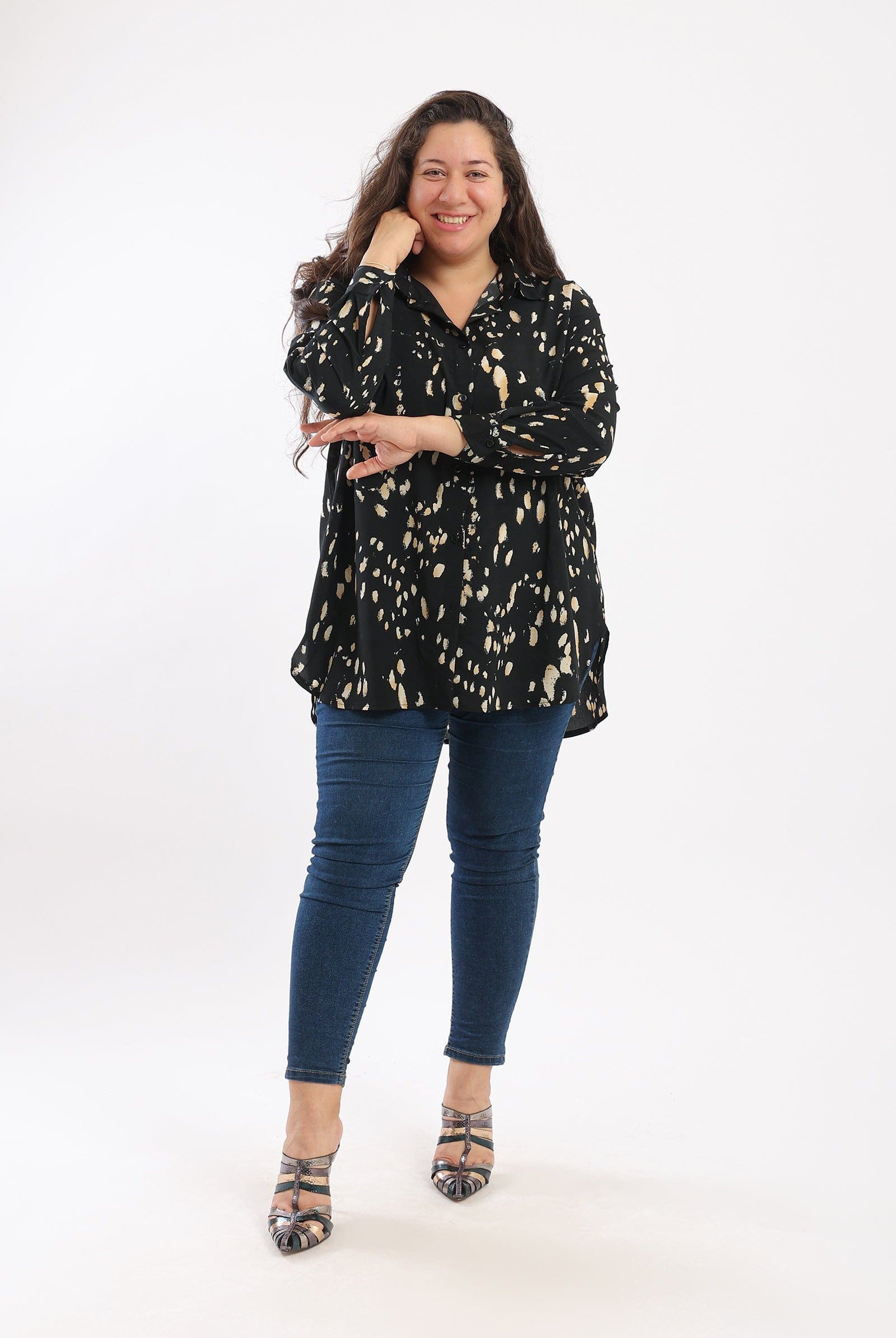 كارينا قميص مطبوع منقوش كم طويل نسائي ملون