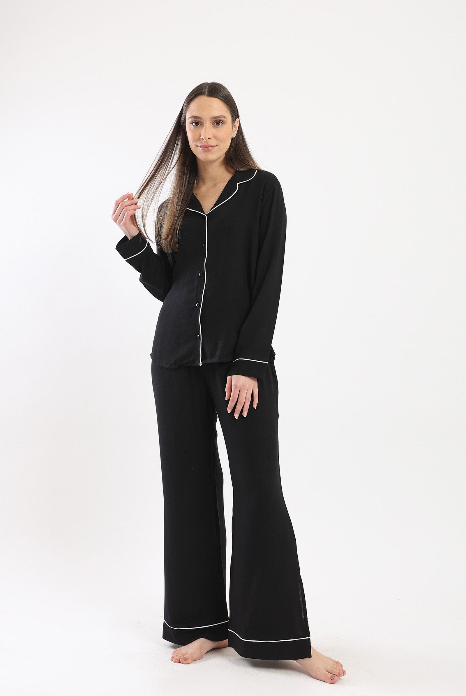 كارينا طقم بيجامة بلوزة كم طويل وبنطلون سادة