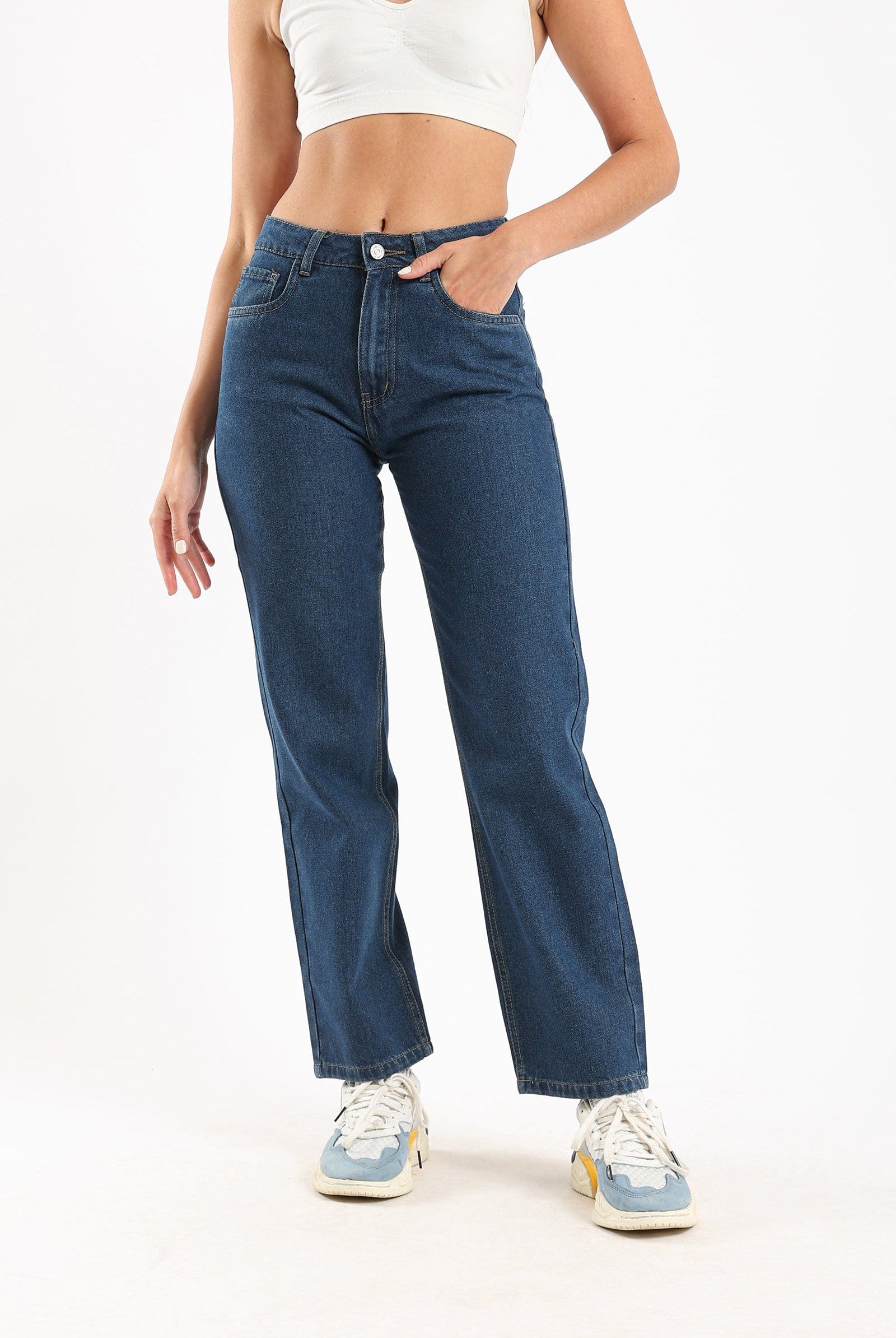 كارينا بنطلون جينز مستقيم واسع سادة نسائي أزرق