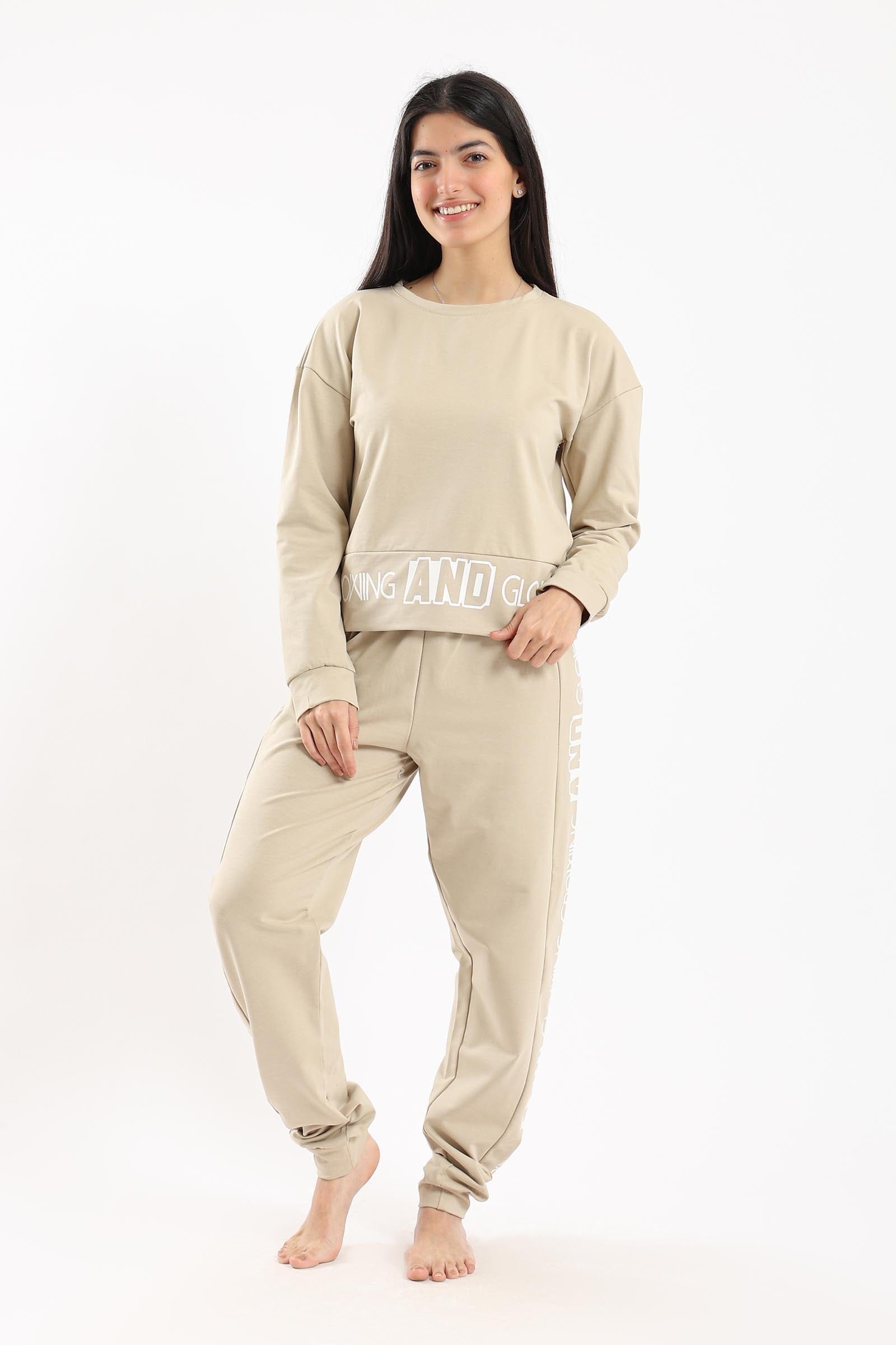 كارينا طقم بيجامة شتوي تيشيرت بطبعة كم طويل وبنطلون