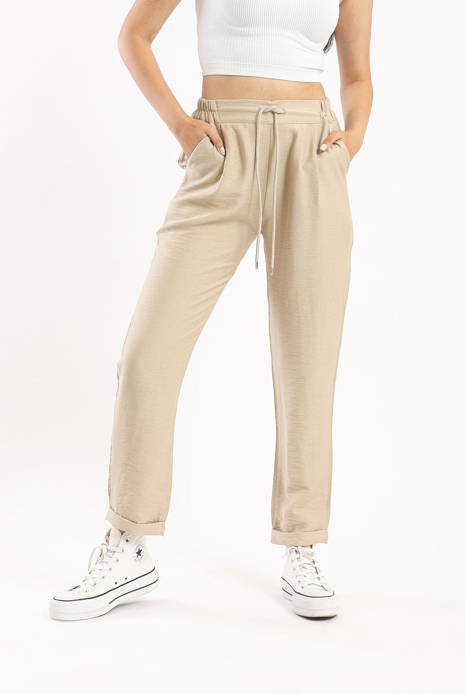 كارينا بنطلون رياضي نسائي واسع بخصر مكشكش بيج