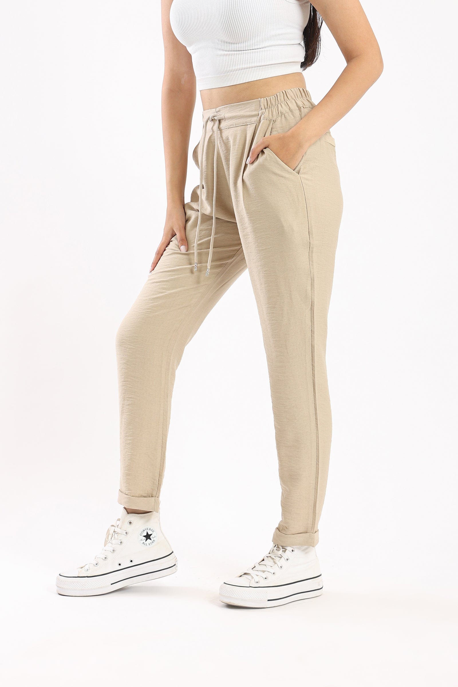 كارينا بنطلون رياضي نسائي واسع بخصر مكشكش بيج