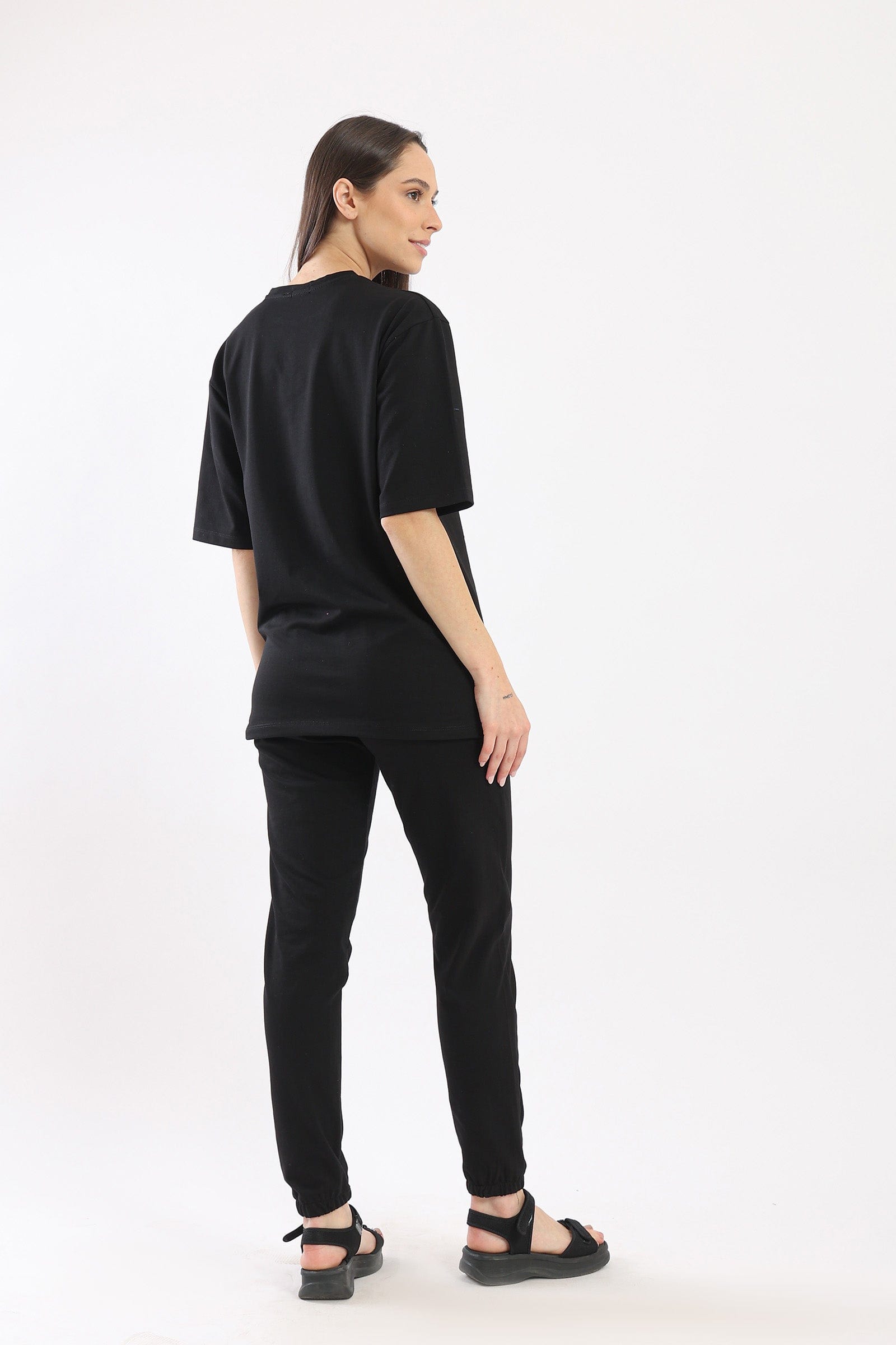 كارينا طقم بيجامة منزل مرن تيشيرت نص كم سادة وبنطلون