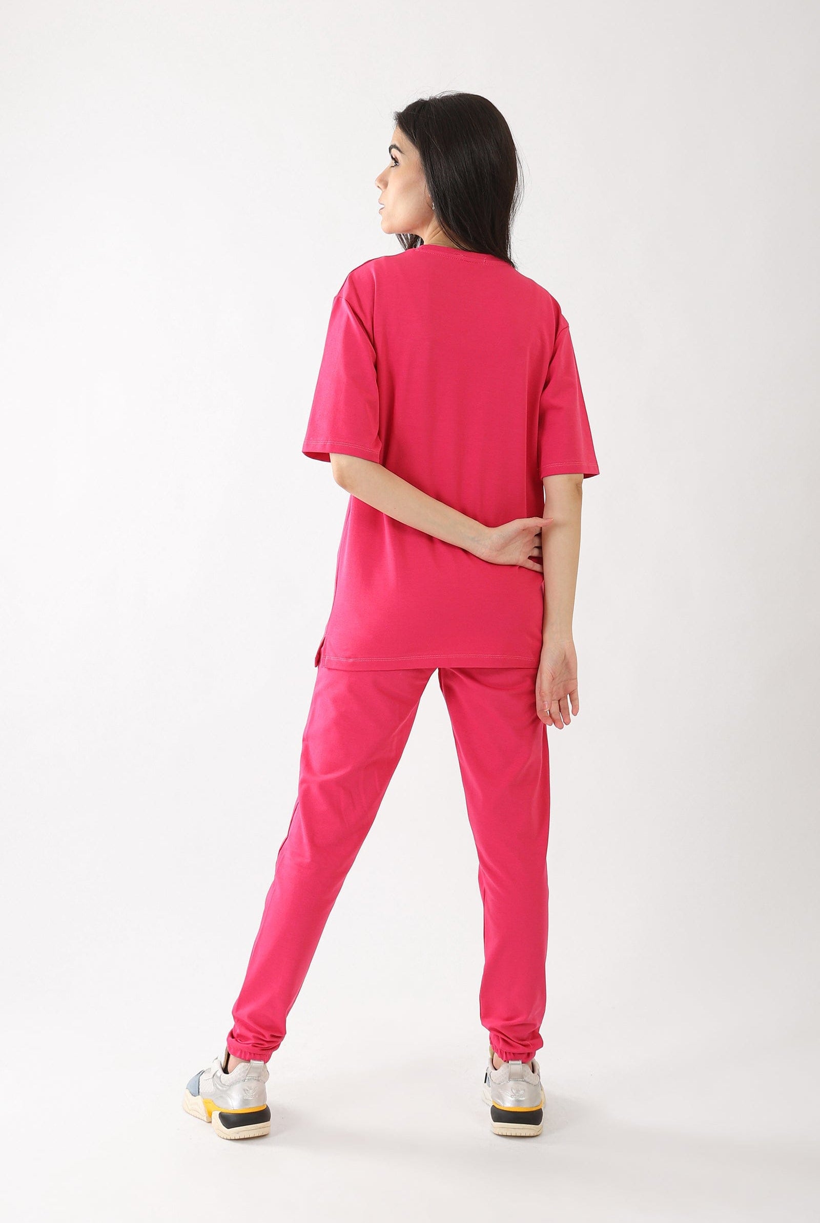 كارينا طقم بيجامة منزل مرن تيشيرت نص كم سادة وبنطلون