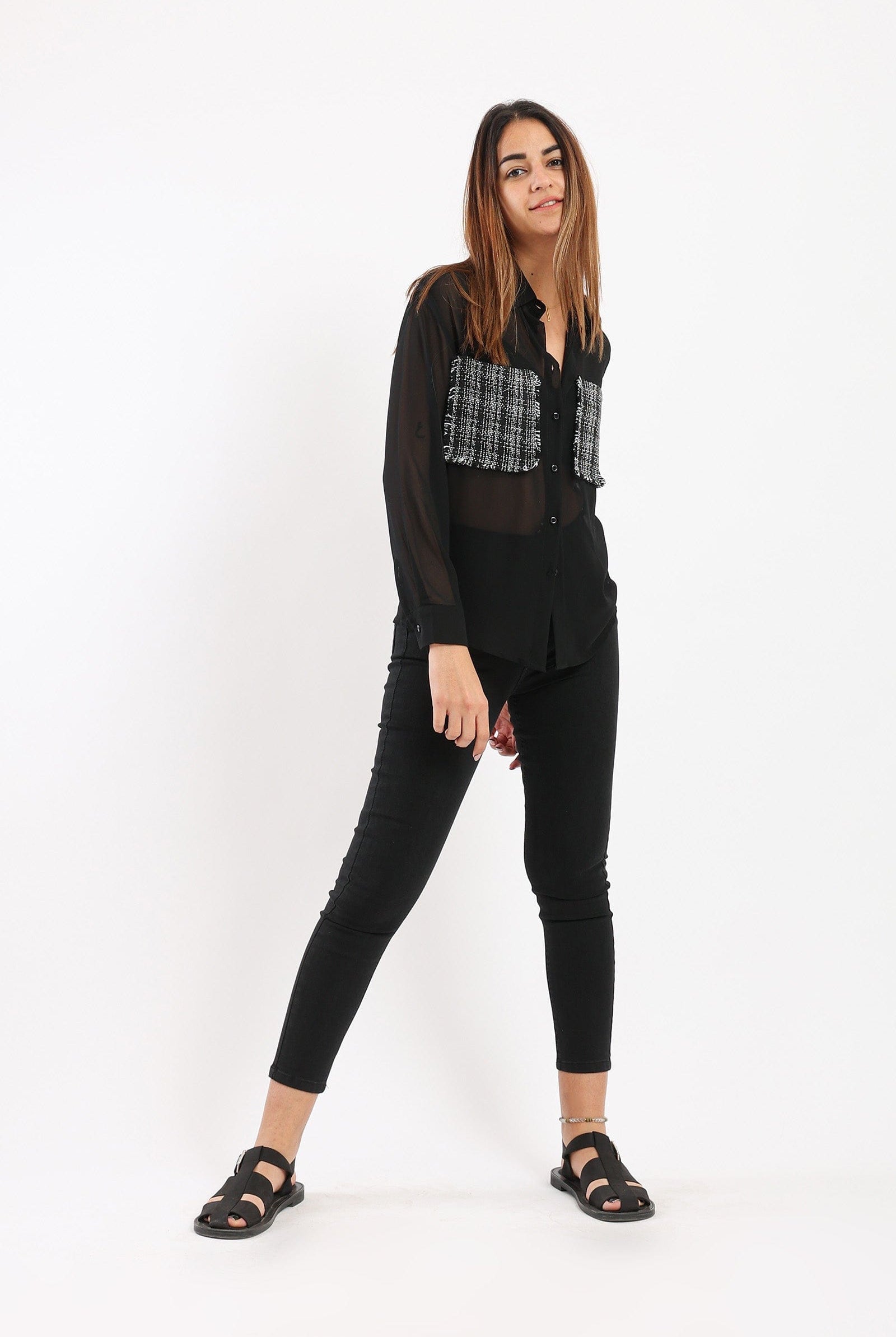 كارينا قميص شفاف بجيوب مربعات نسائي أسود