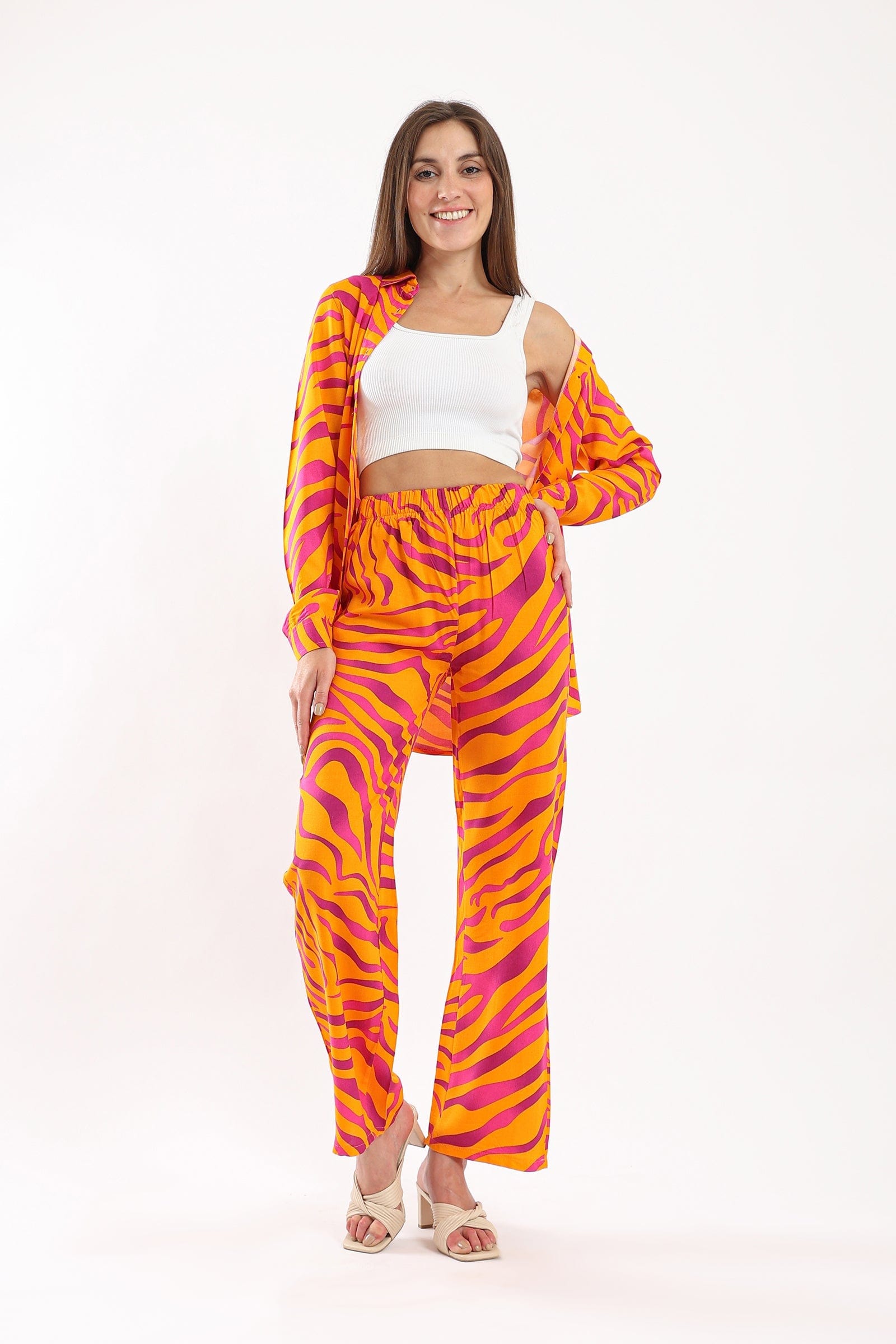 كارينا قميص بنقشة ألوان زيبرا كم طويل ملون