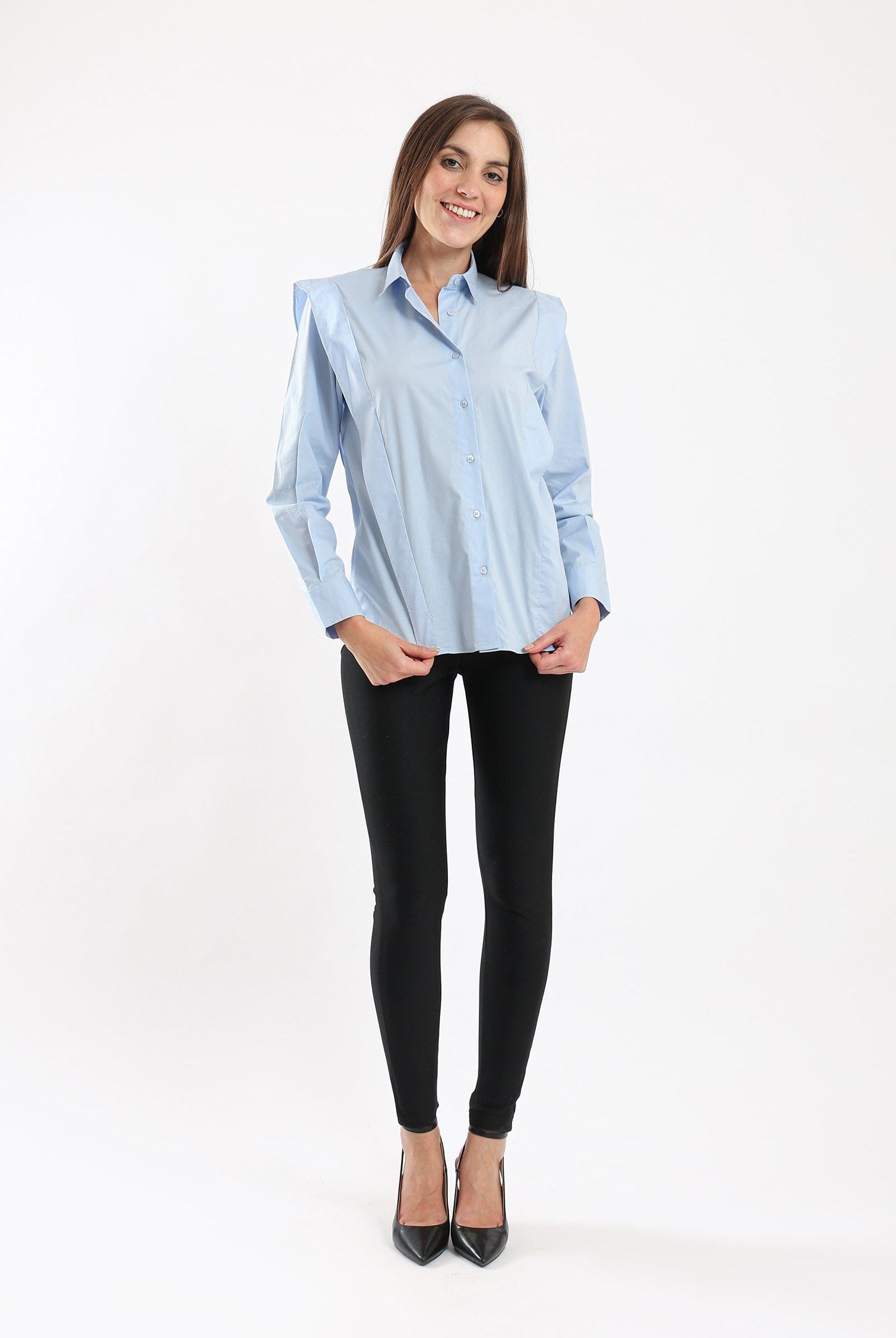 كارينا قميص سادة بأزرار أمامية كتف مدبب كم طويل