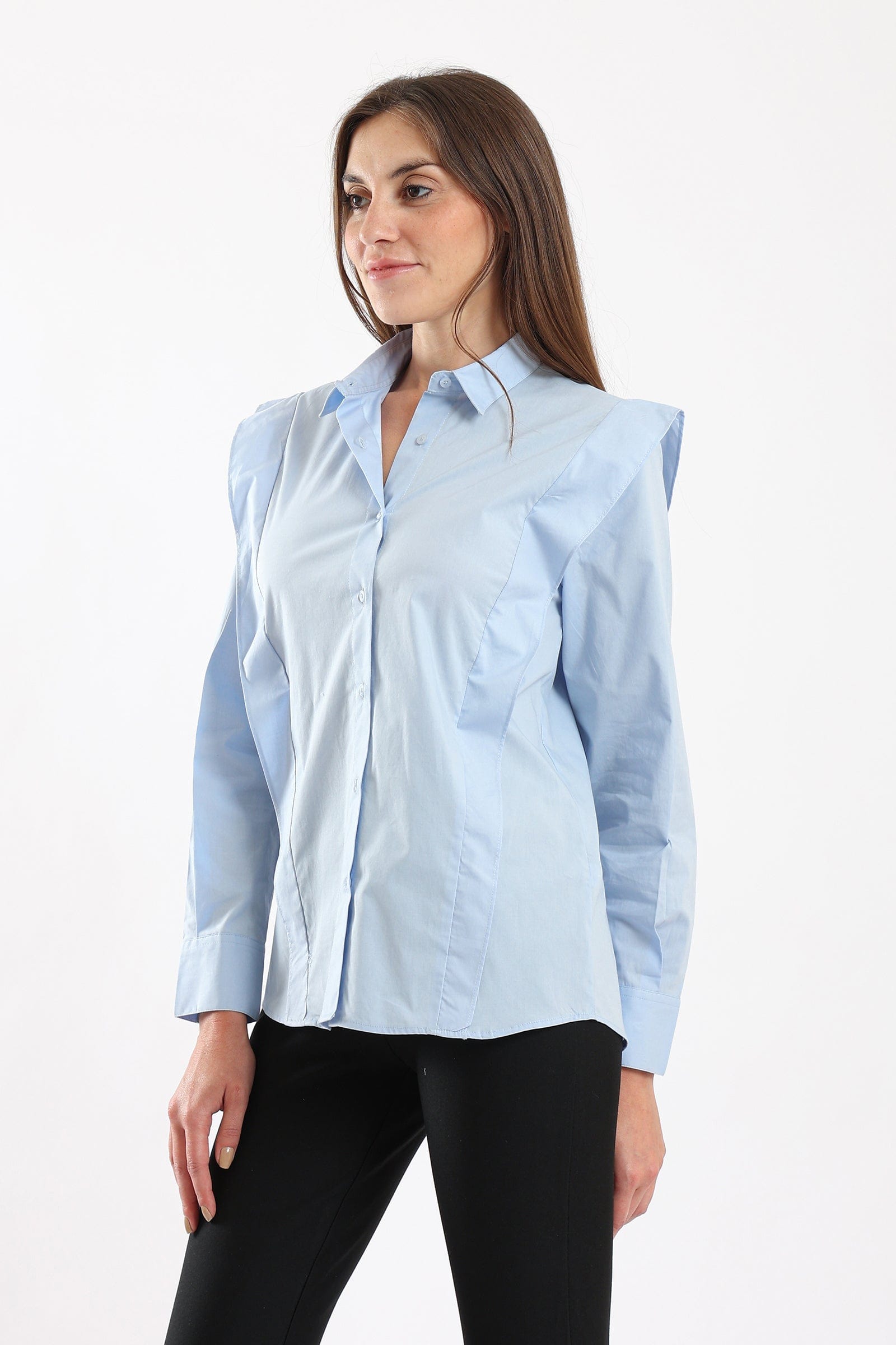 كارينا قميص سادة بأزرار أمامية كتف مدبب كم طويل