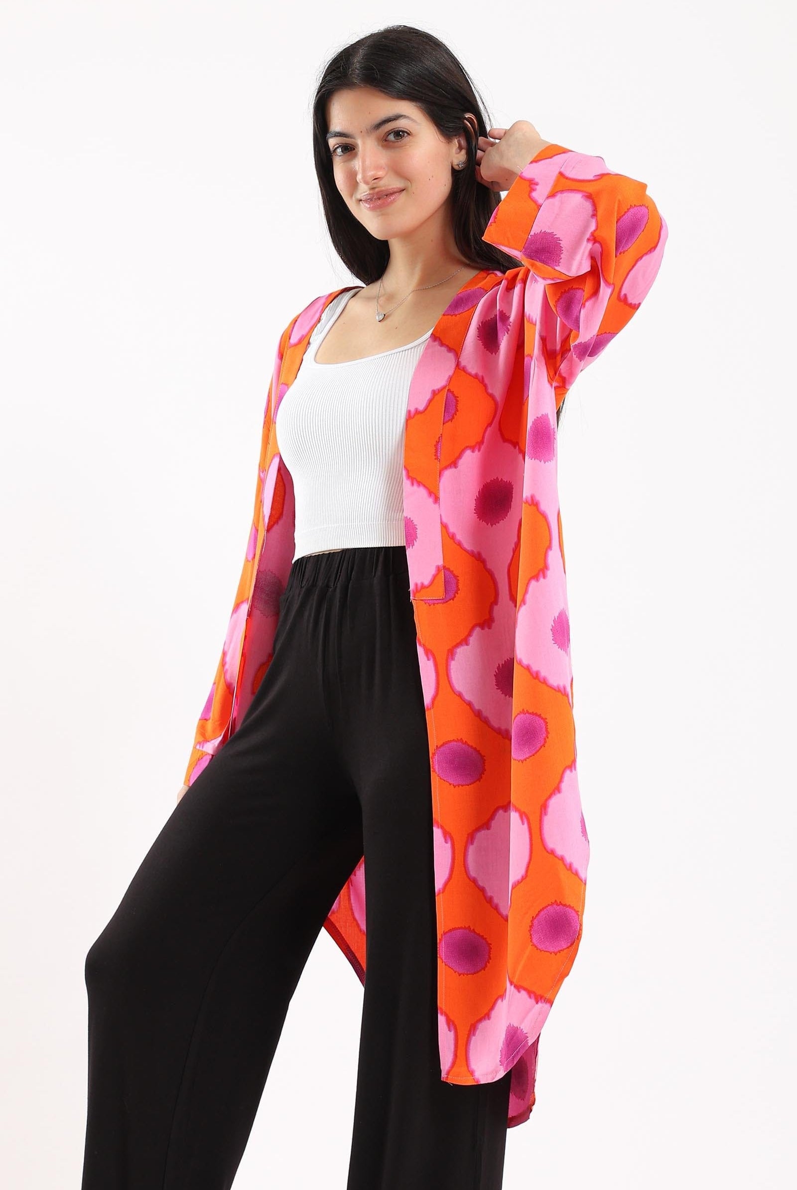 كارينا كيمونو بطبعات منحنية كم طويل بناتي ملون