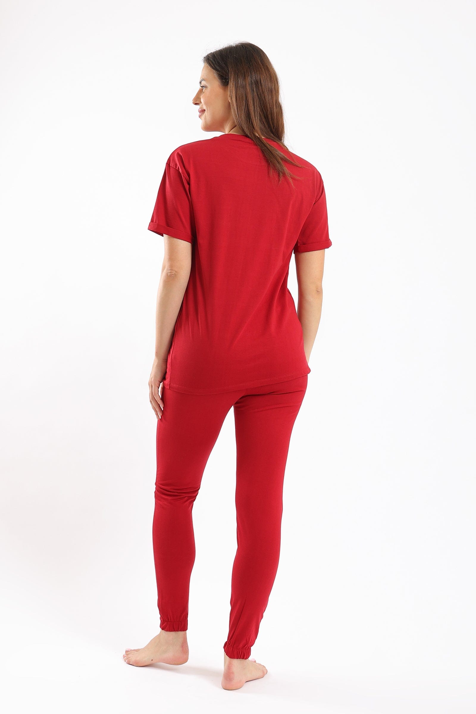 كارينا طقم بيجامة سادة نص كم نسائي بورجوندي فاتح