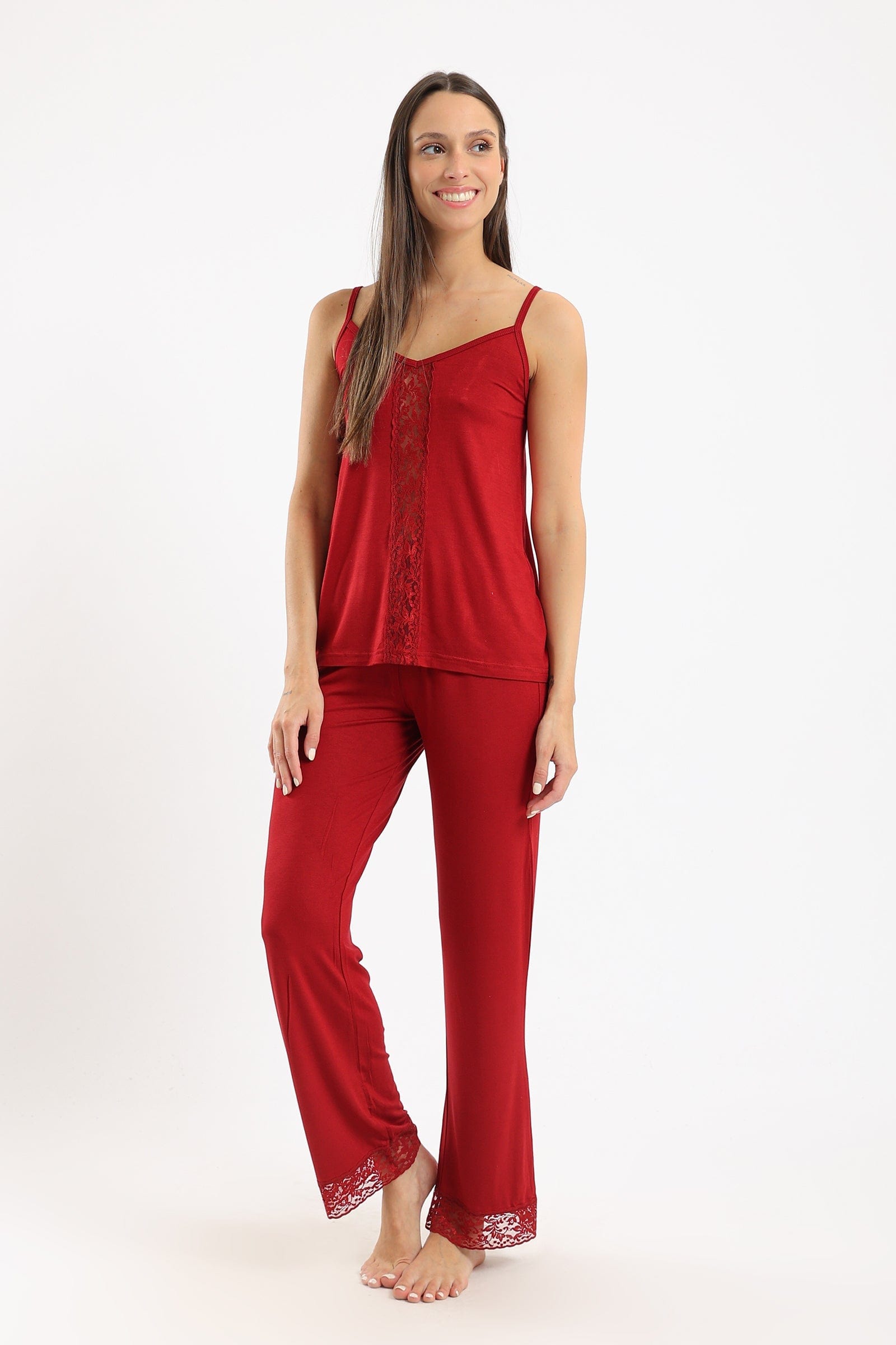 كارينا طقم بيجامة تيشيرت بدانتيل أمامي وبنطلون