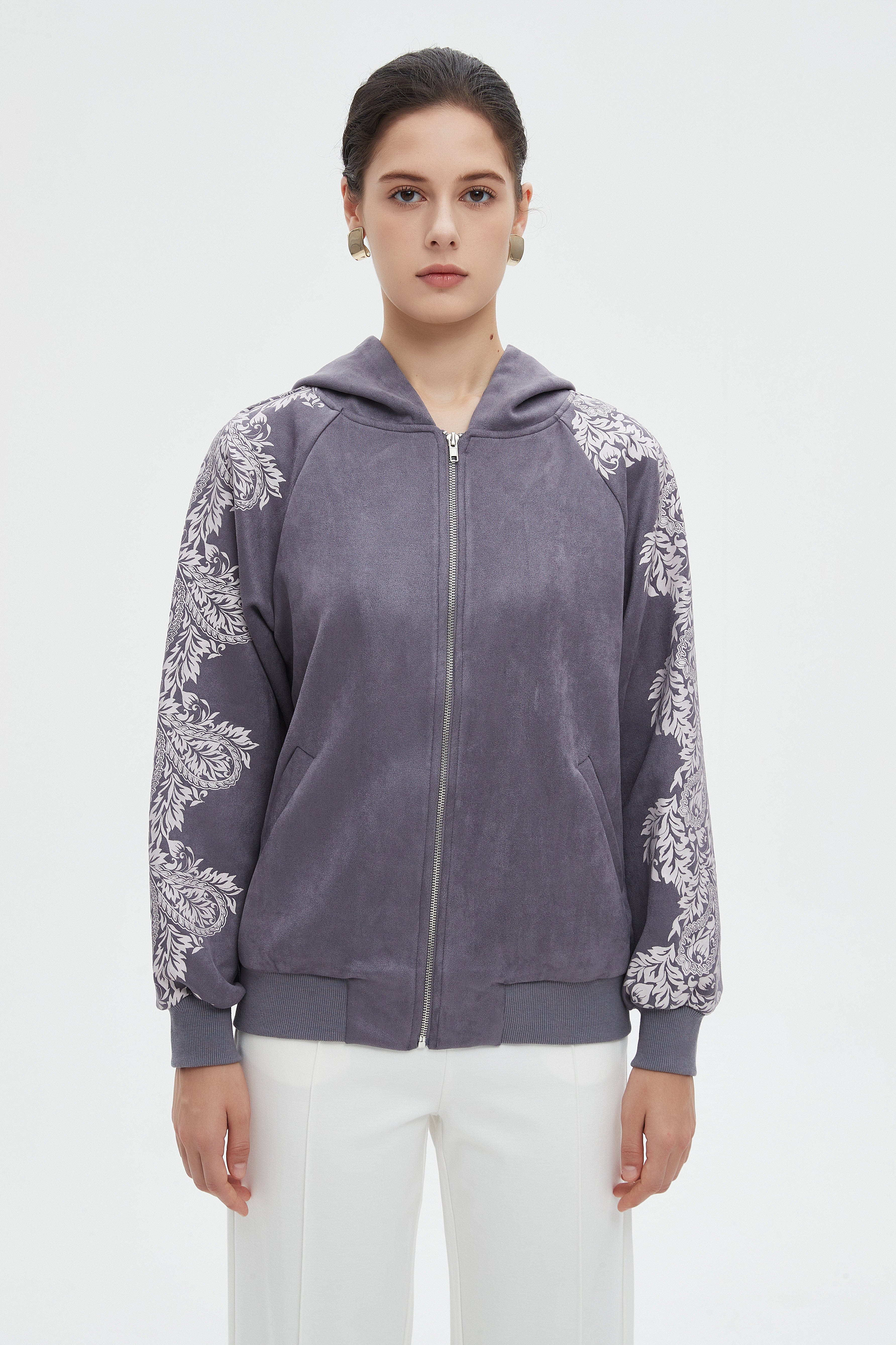 ميكا سويت شيرت بسحاب مطبوع باكمام