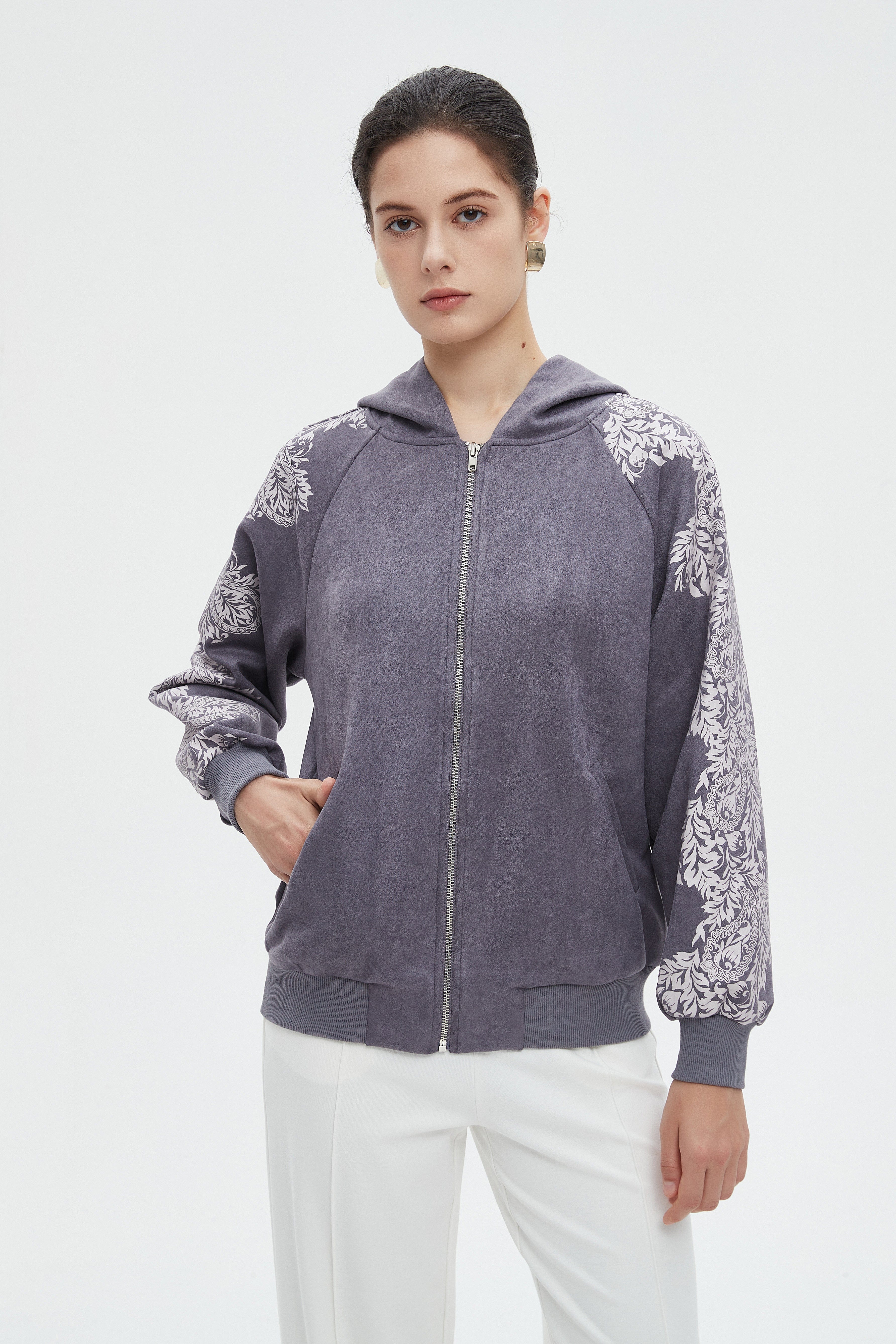 ميكا سويت شيرت بسحاب مطبوع باكمام