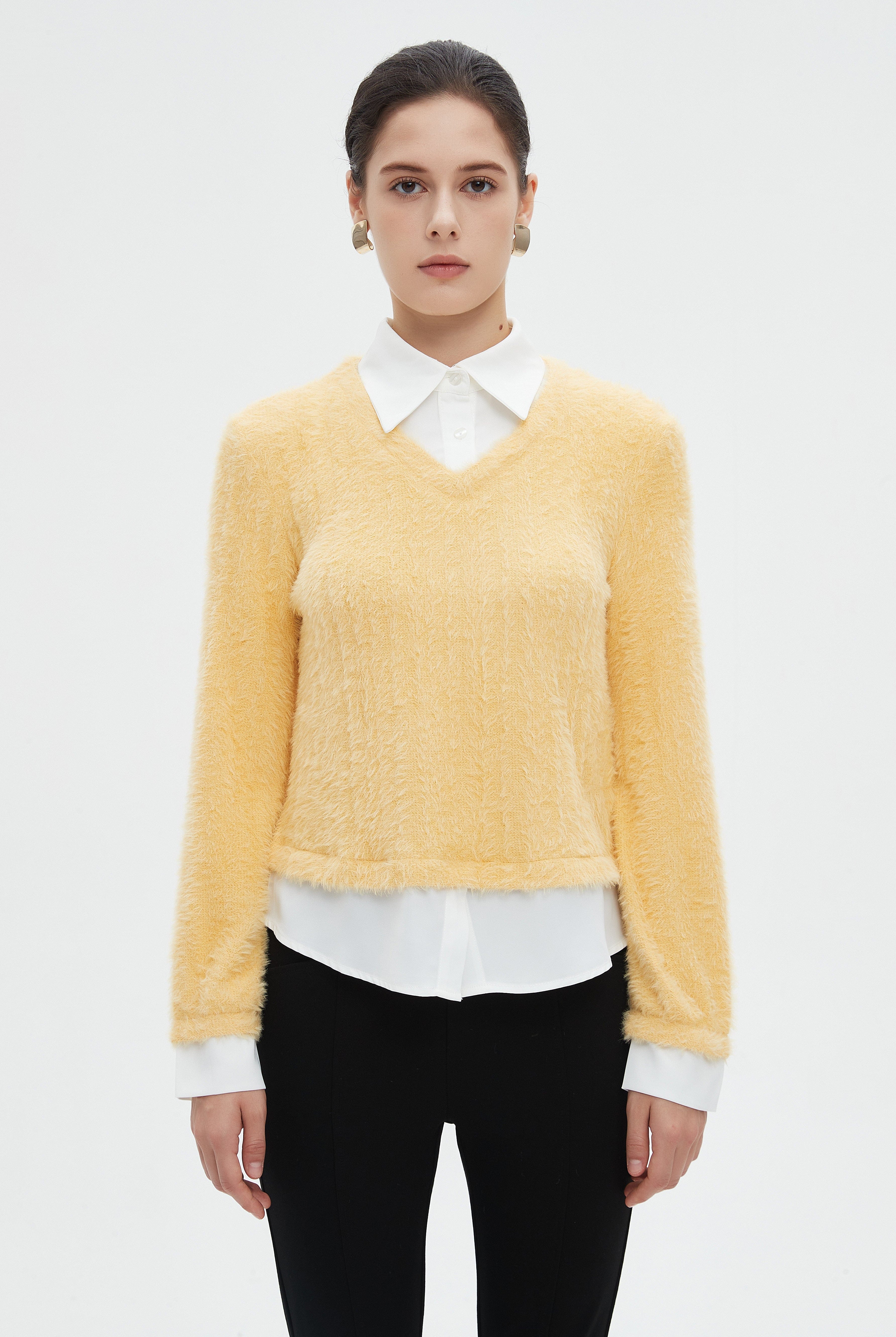 ميكا بلوزة نسائية شتوية ساده بكم طويل وفتحة على شكل V