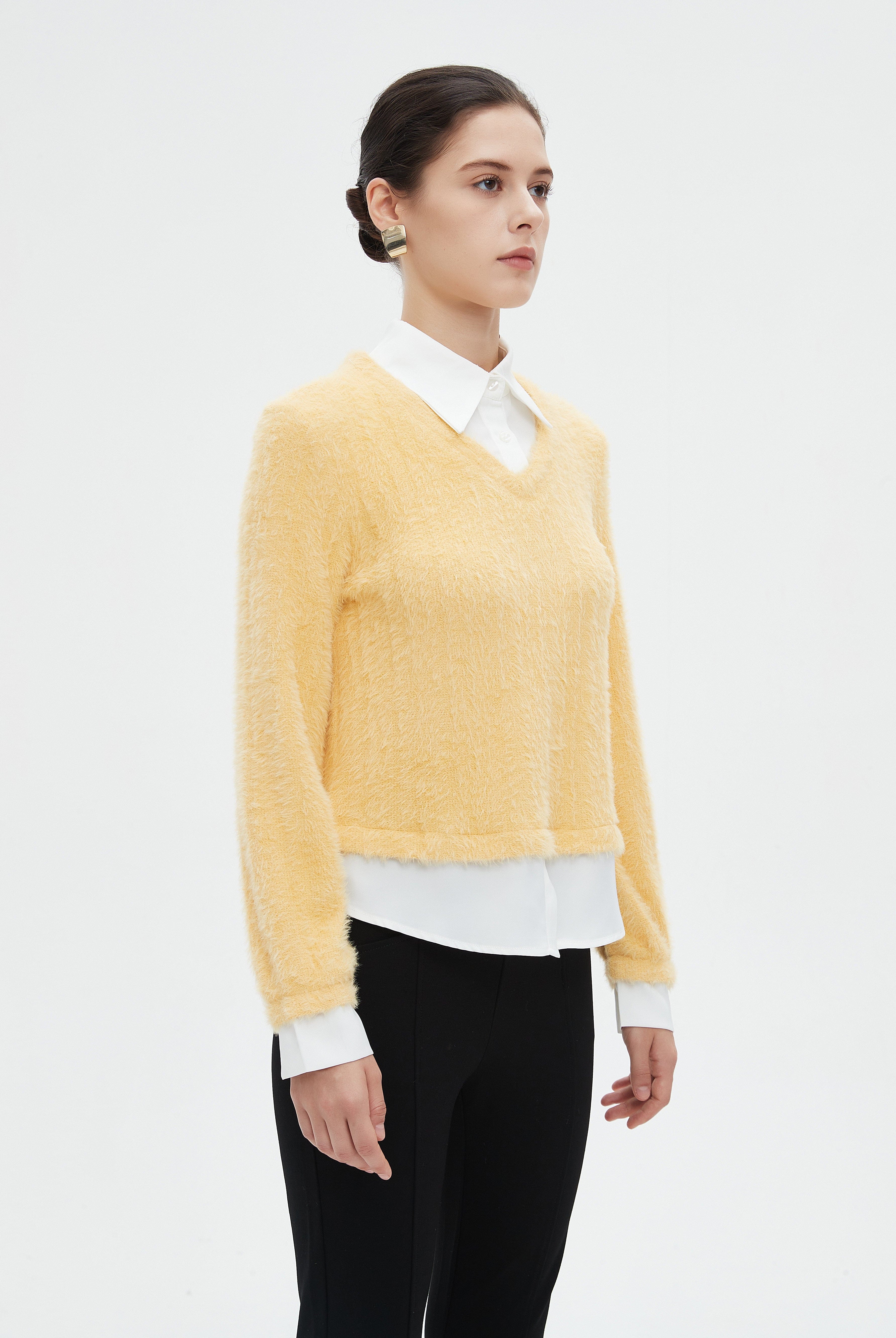 ميكا بلوزة نسائية شتوية ساده بكم طويل وفتحة على شكل V