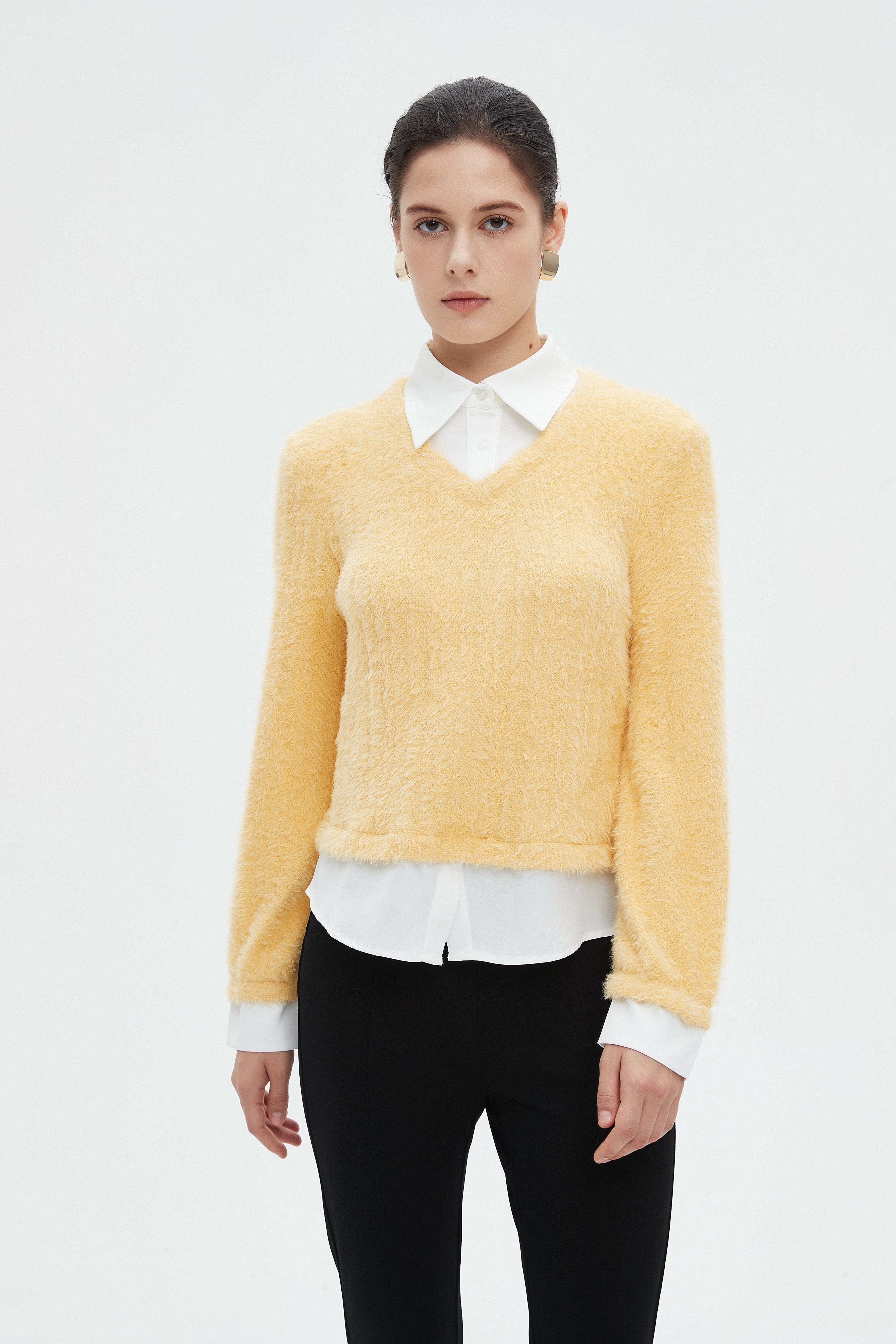 ميكا بلوزة نسائية شتوية ساده بكم طويل وفتحة على شكل V