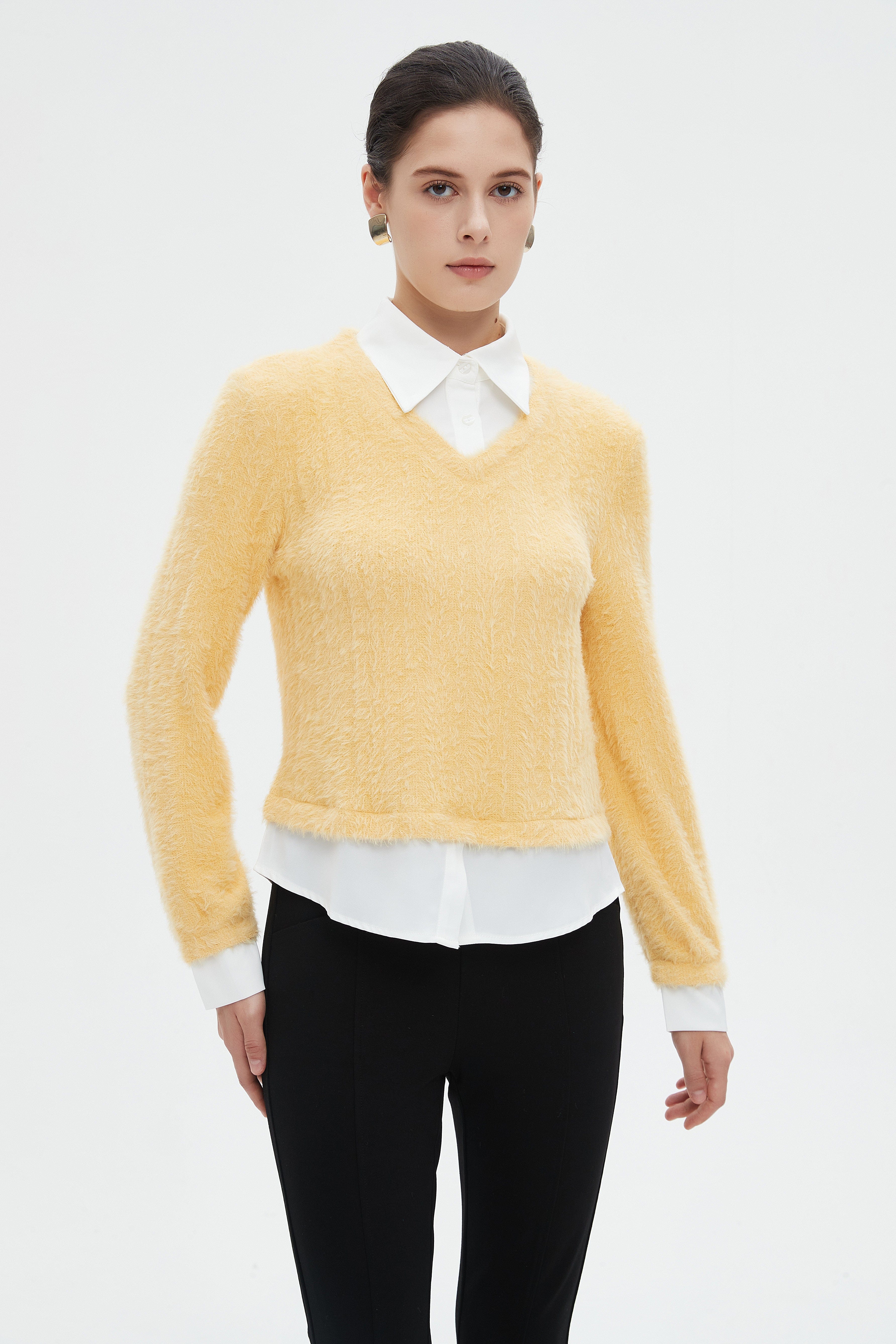 ميكا بلوزة نسائية شتوية ساده بكم طويل وفتحة على شكل V