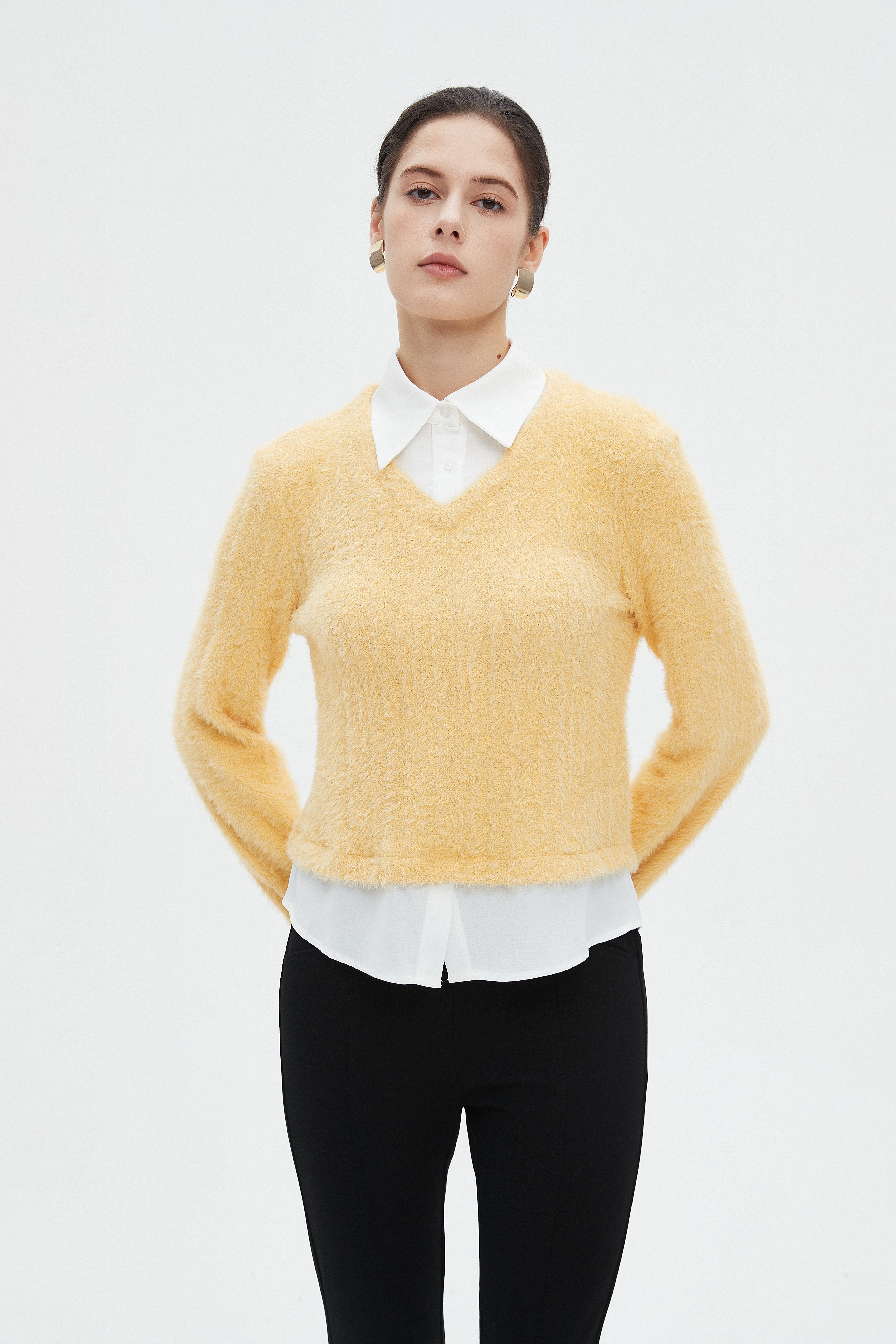 ميكا بلوزة نسائية شتوية ساده بكم طويل وفتحة على شكل V