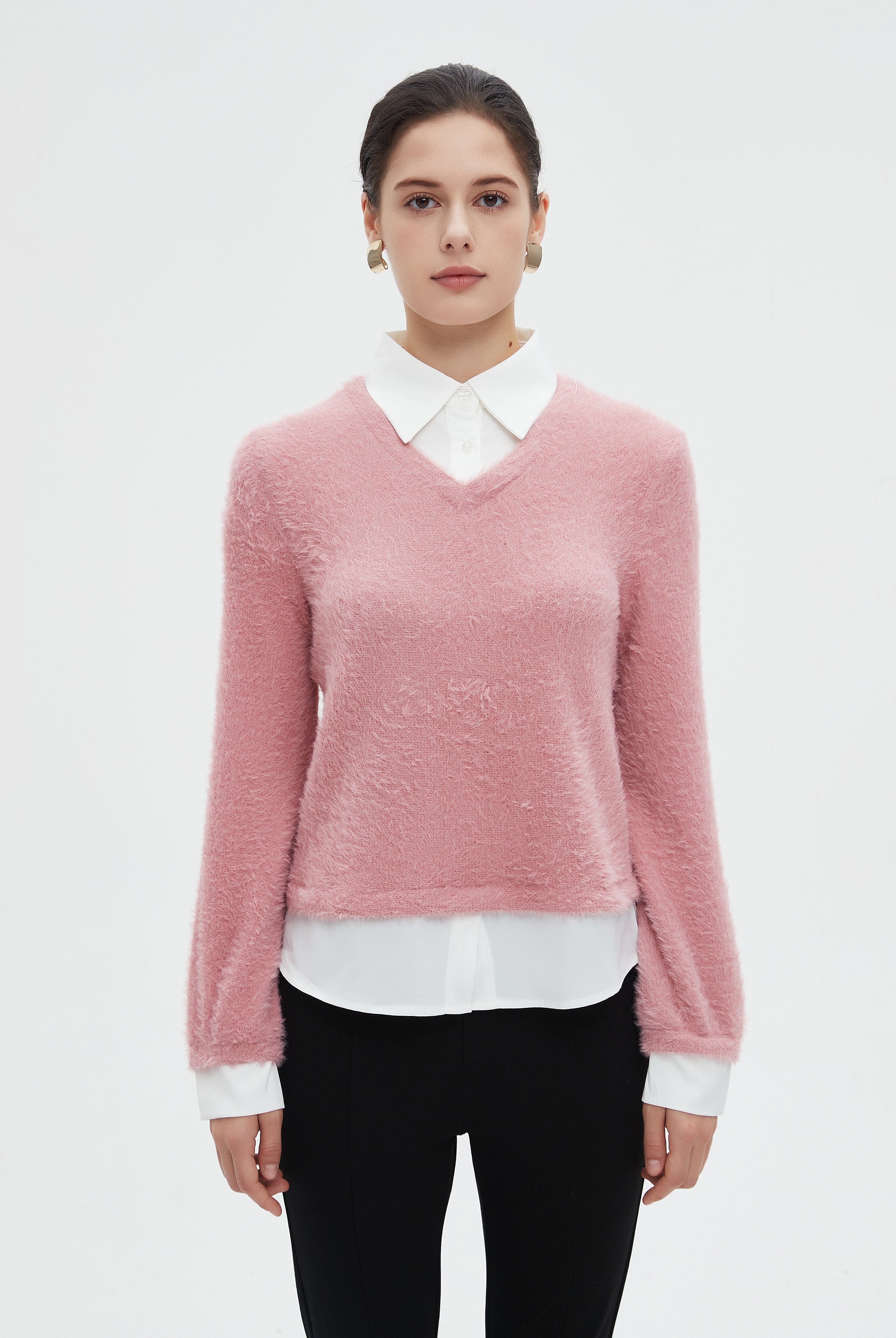 ميكا بلوزة نسائية شتوية ساده بكم طويل وفتحة على شكل V