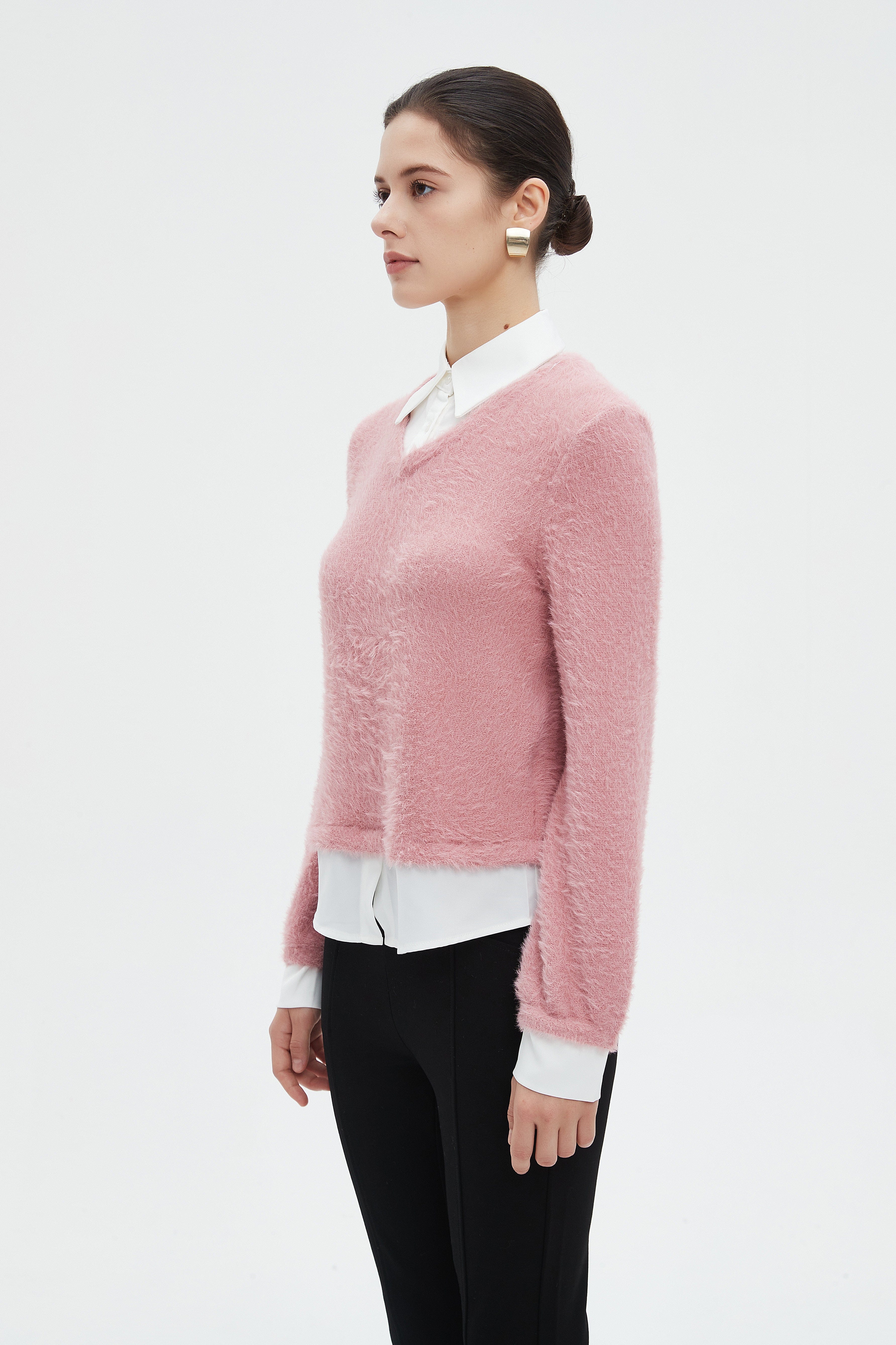 ميكا بلوزة نسائية شتوية ساده بكم طويل وفتحة على شكل V