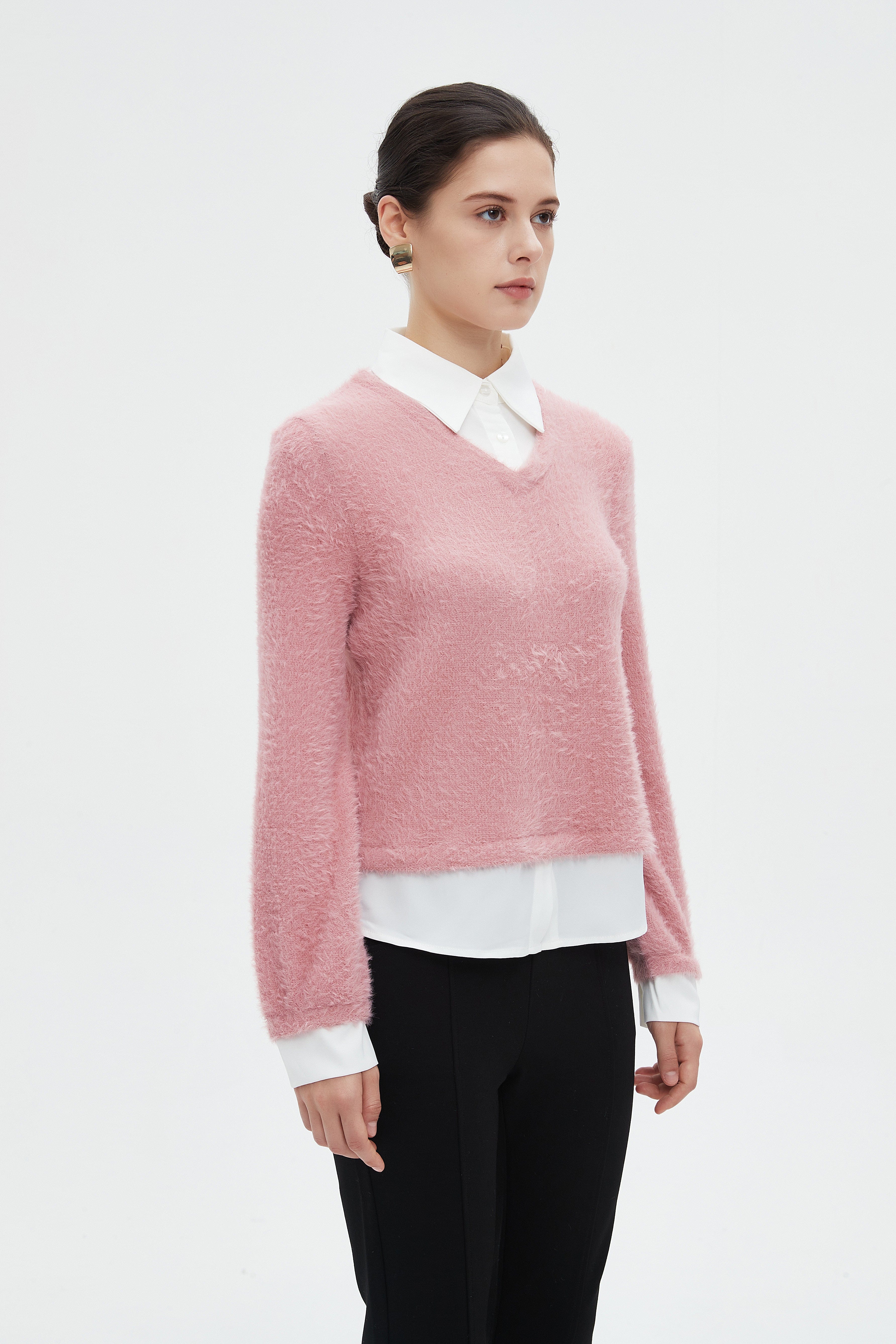 ميكا بلوزة نسائية شتوية ساده بكم طويل وفتحة على شكل V