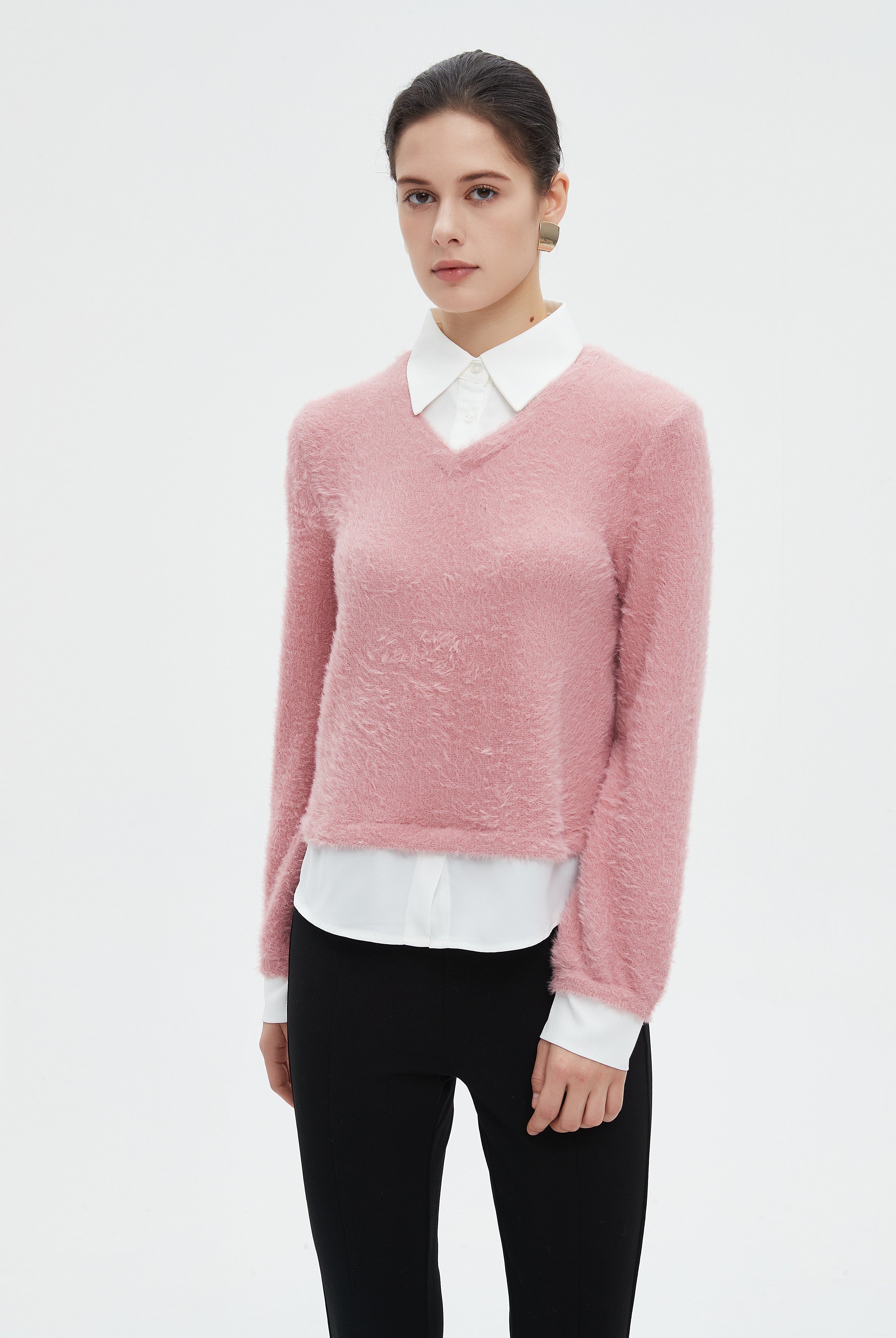 ميكا بلوزة نسائية شتوية ساده بكم طويل وفتحة على شكل V