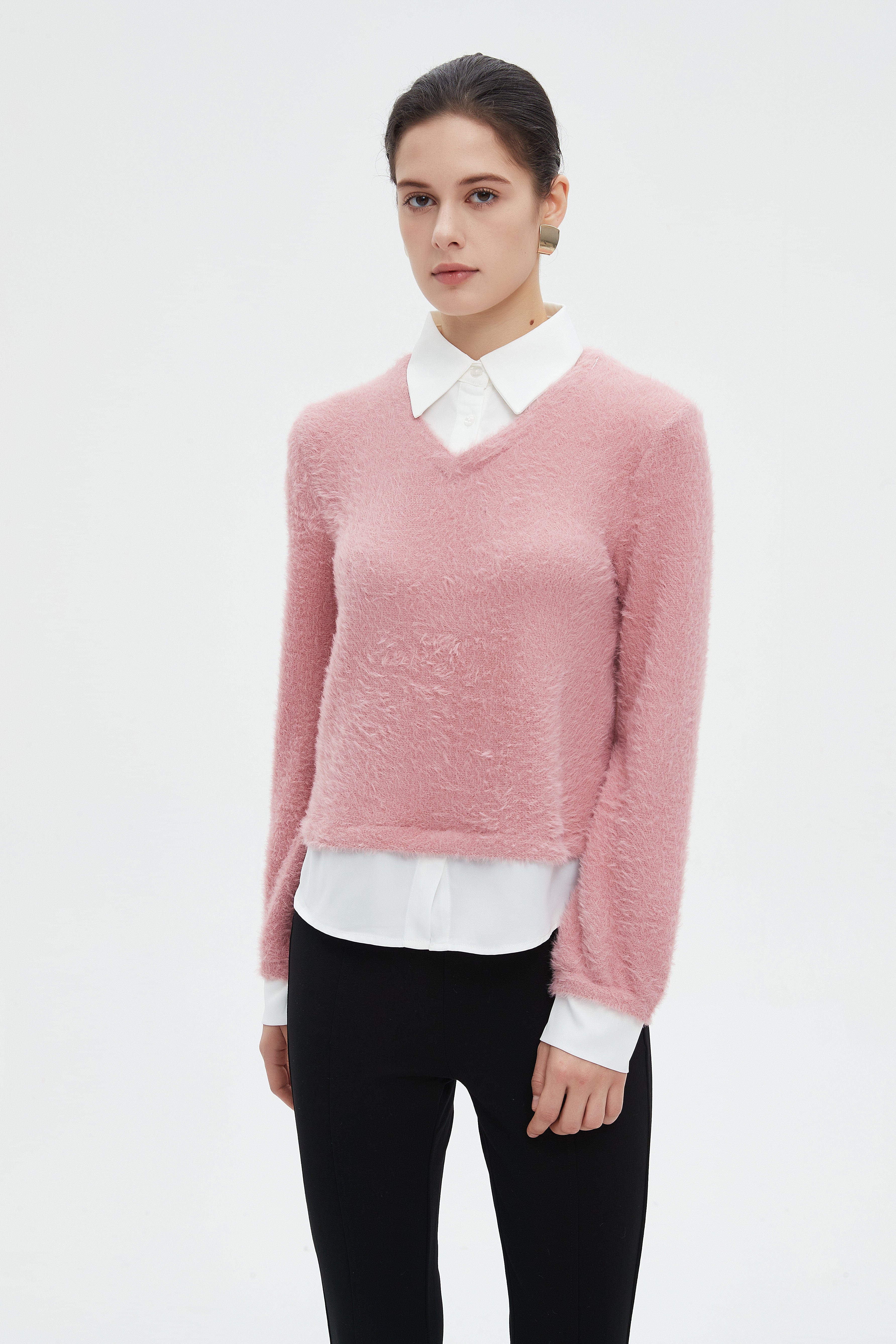 ميكا بلوزة نسائية شتوية ساده بكم طويل وفتحة على شكل V