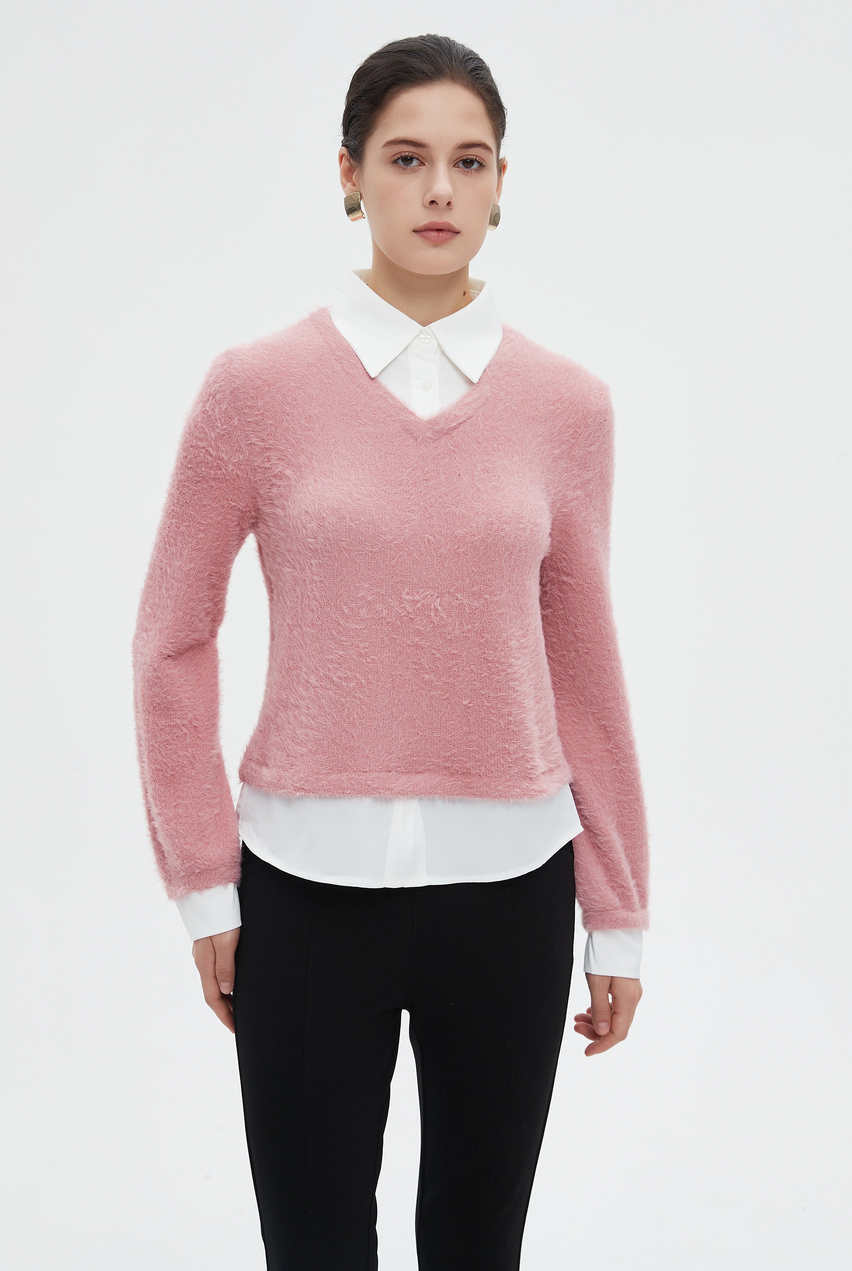 ميكا بلوزة نسائية شتوية ساده بكم طويل وفتحة على شكل V