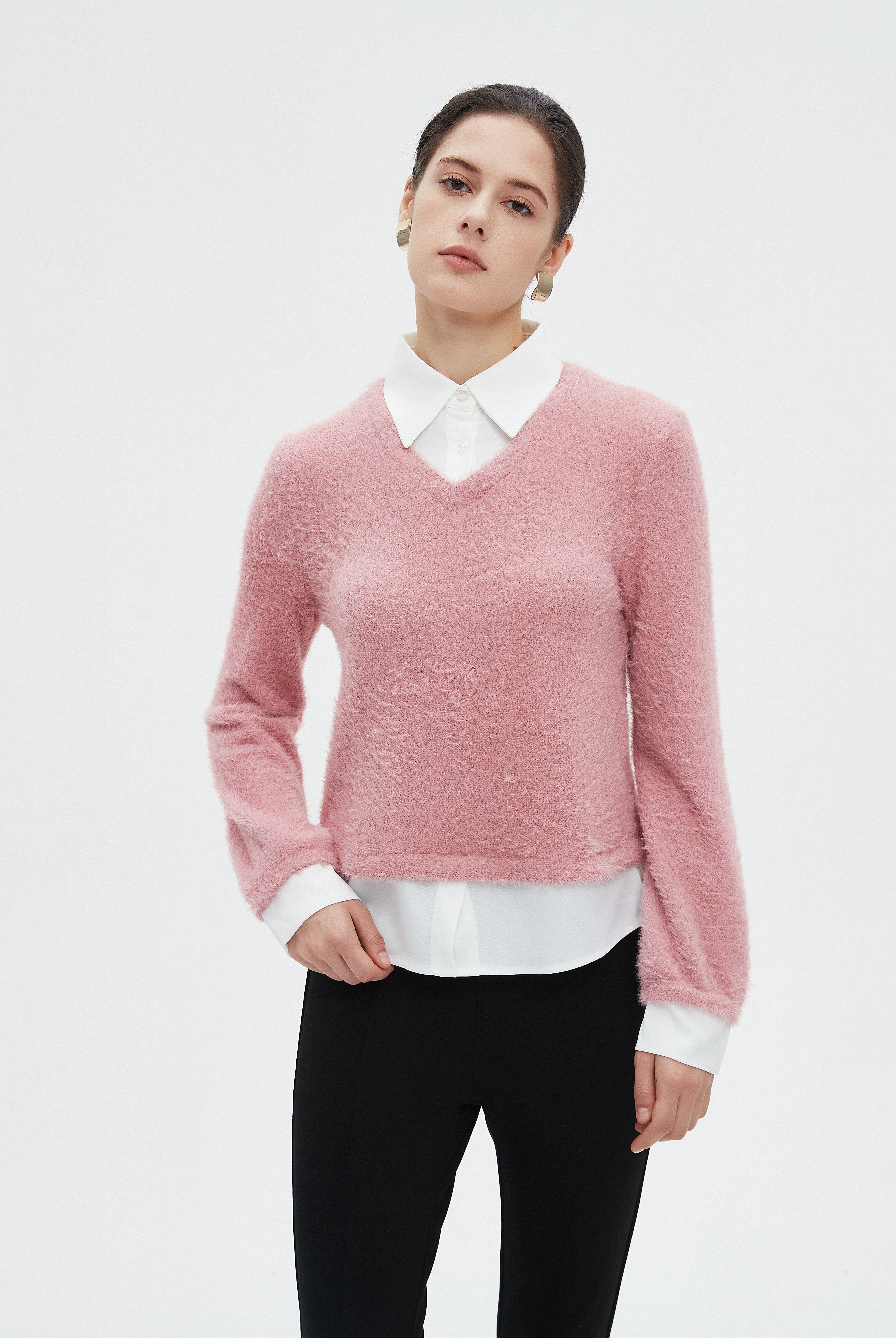 ميكا بلوزة نسائية شتوية ساده بكم طويل وفتحة على شكل V