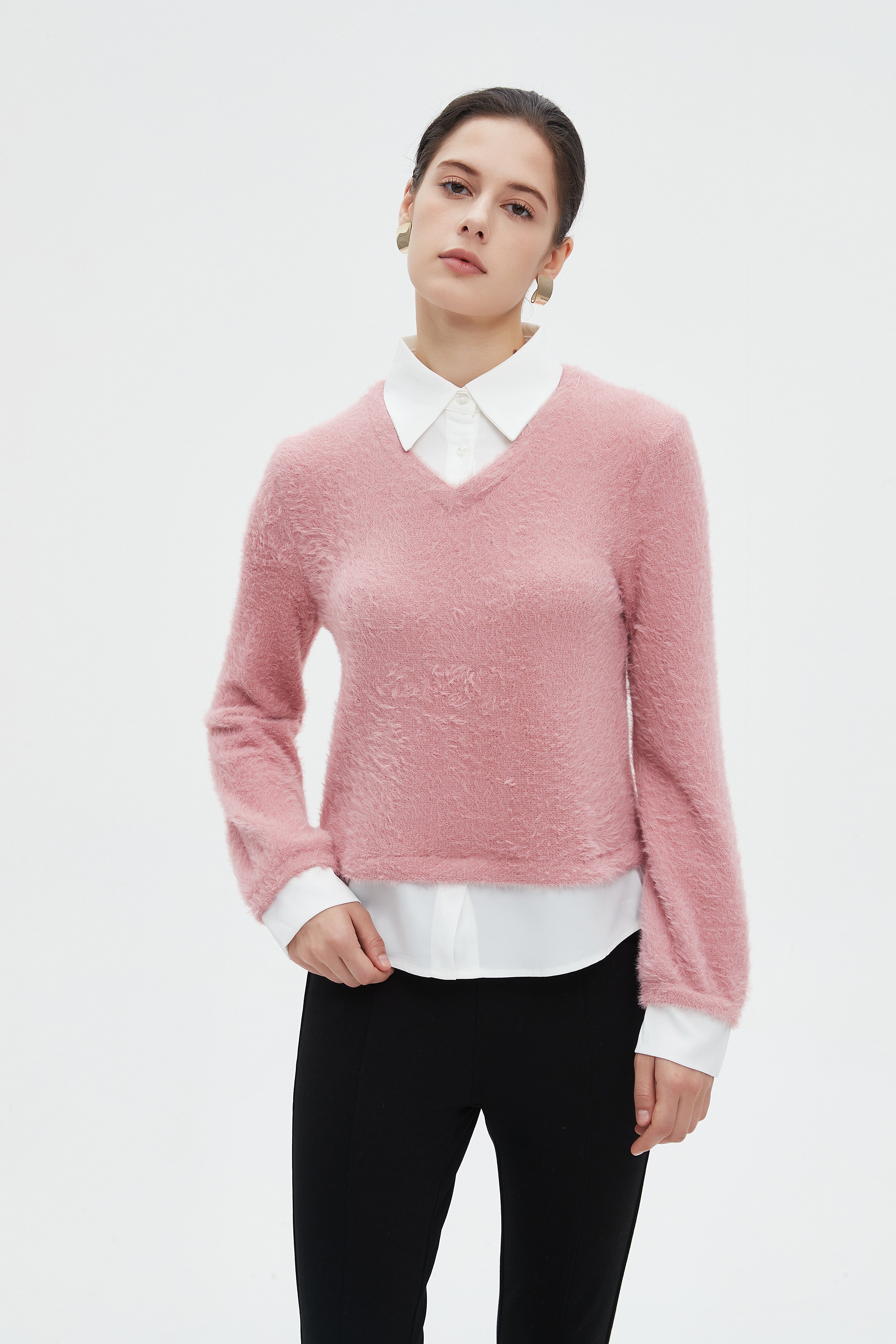 ميكا بلوزة نسائية شتوية ساده بكم طويل وفتحة على شكل V