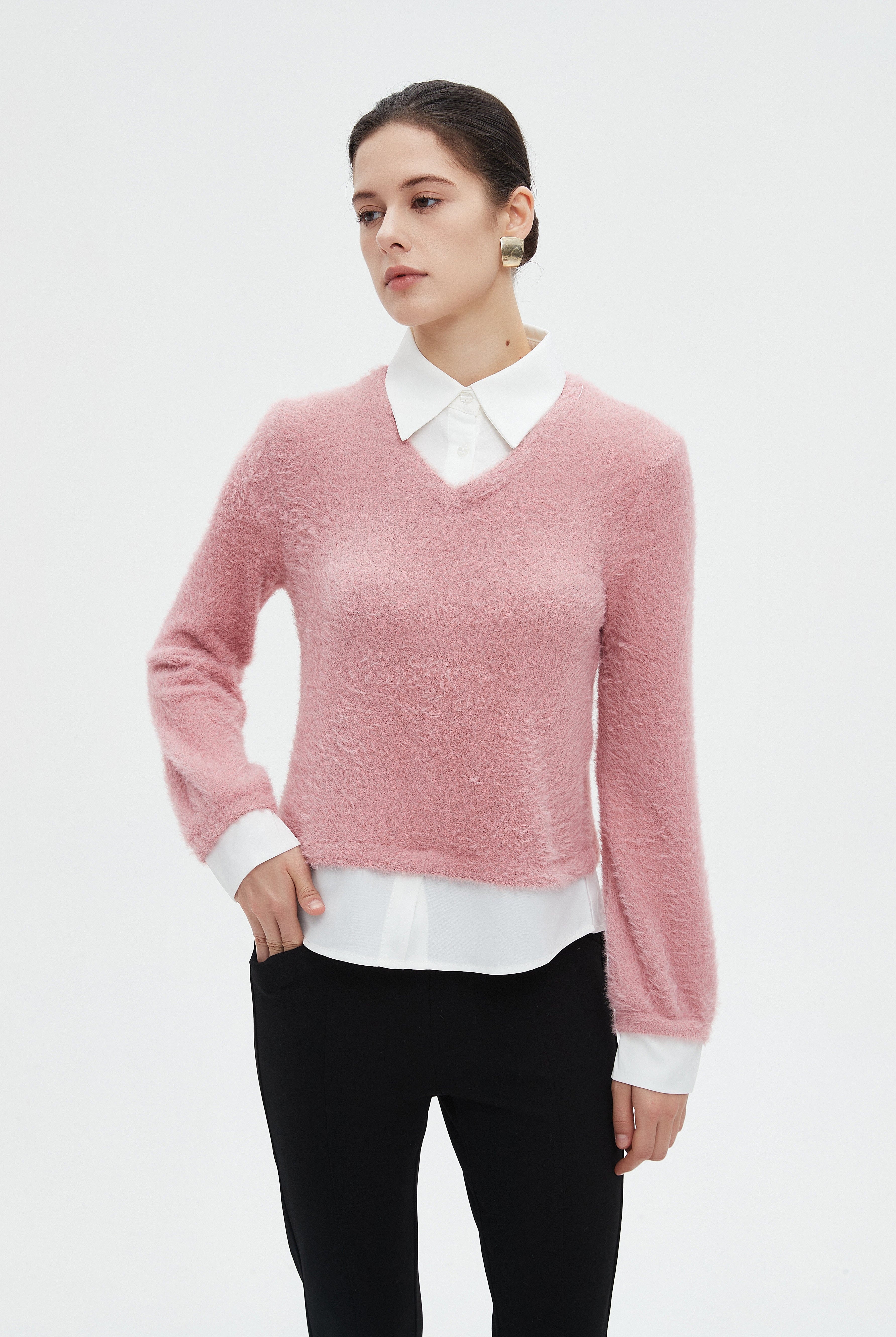 ميكا بلوزة نسائية شتوية ساده بكم طويل وفتحة على شكل V