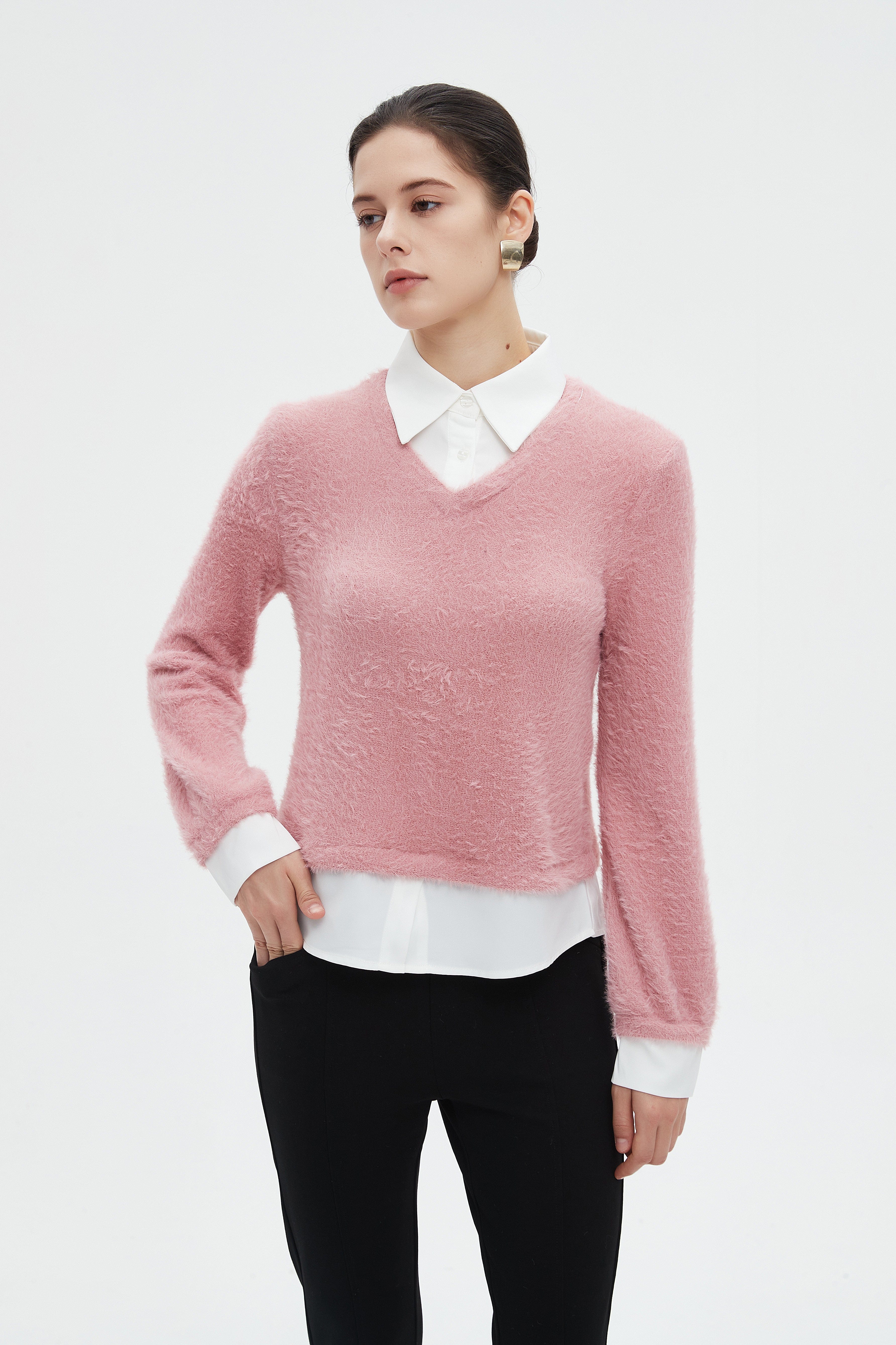 ميكا بلوزة نسائية شتوية ساده بكم طويل وفتحة على شكل V