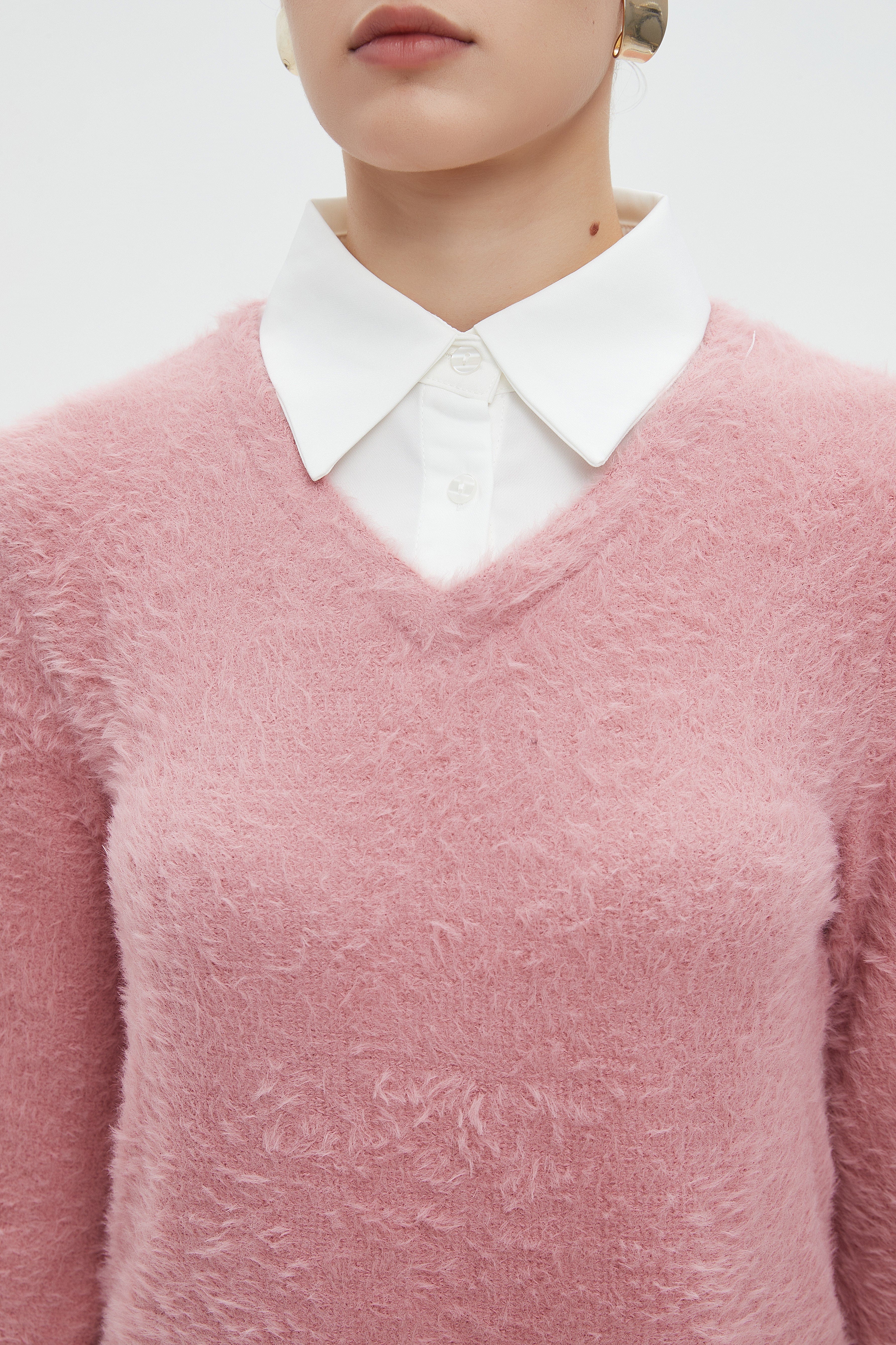 ميكا بلوزة نسائية شتوية ساده بكم طويل وفتحة على شكل V